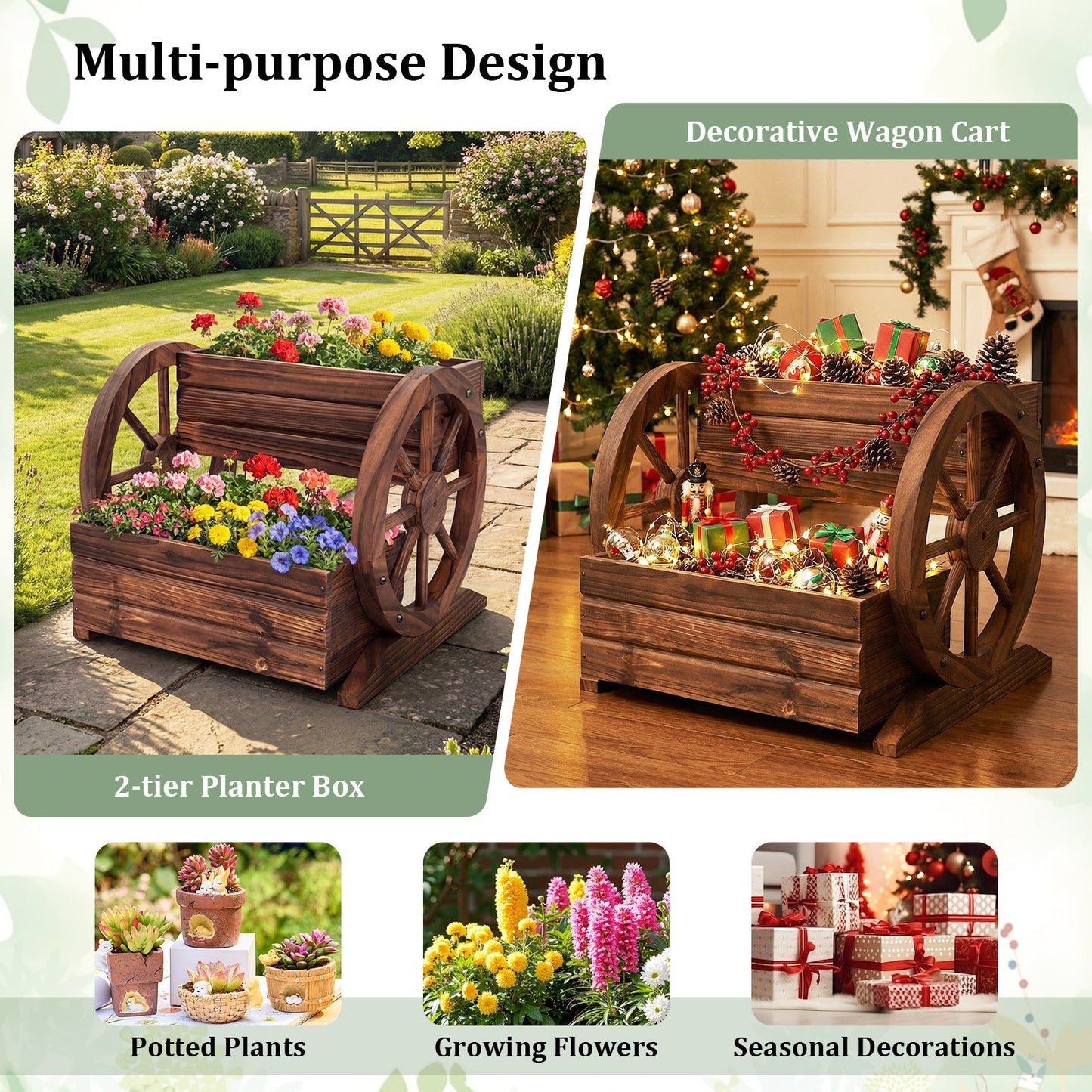 2-Tier Raised Garden Bed Rustic Wood Wagon Shape with Drainage Holes and Wheels-Coffee