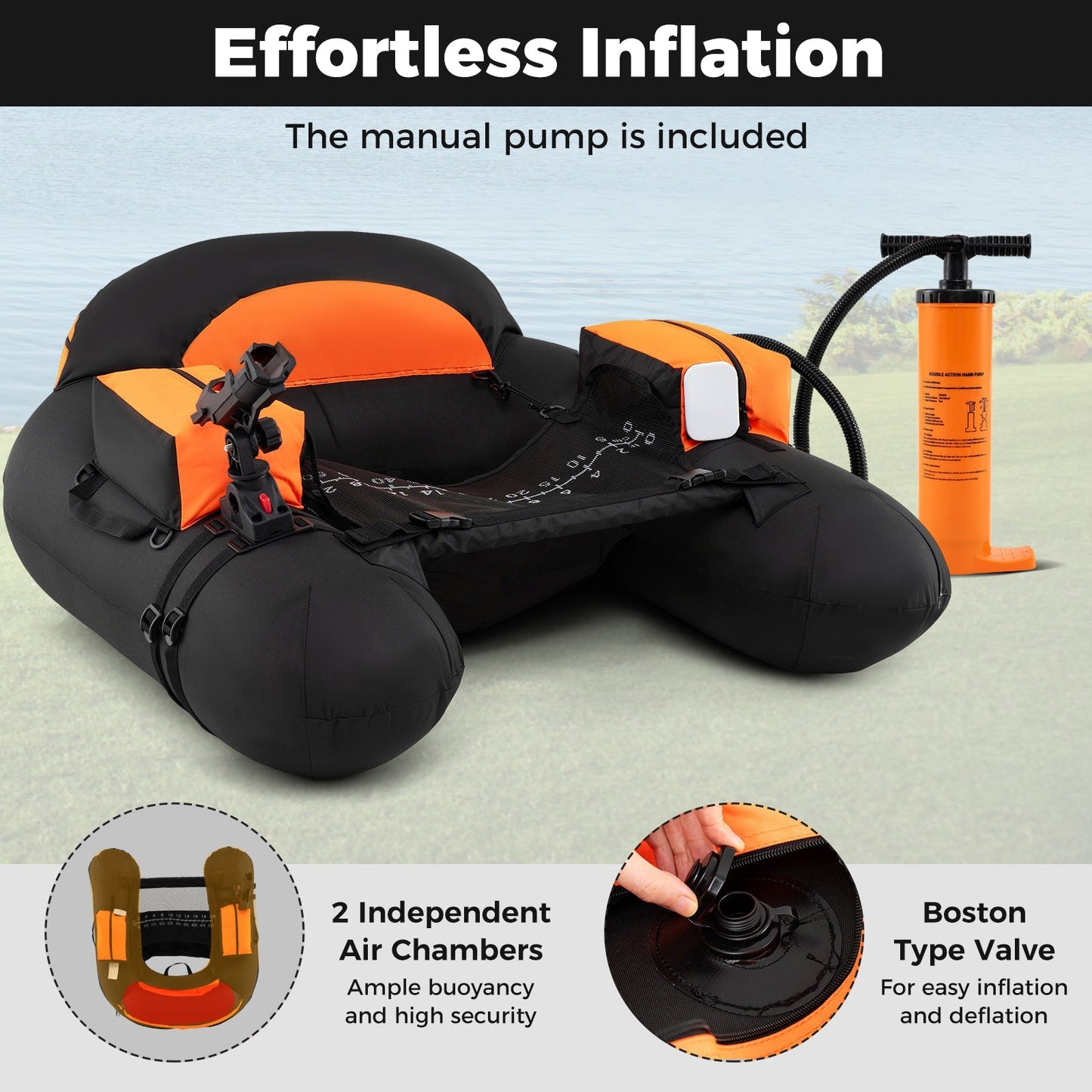 Inflatable Float Tube with Adjustable Fishing Rod Holder and Fish Hook Stator