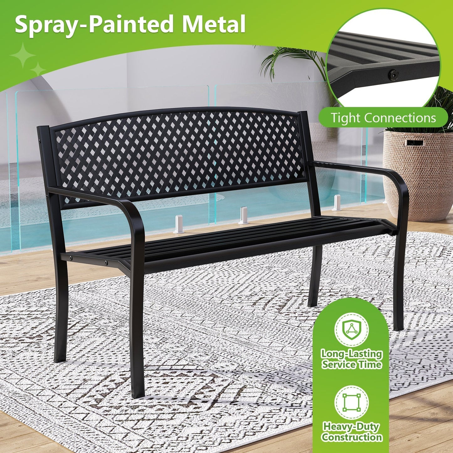 Metal Outdoor Bench with High Back for 2-3-Person Patio Bench-Black