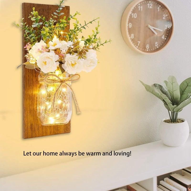 Rustic Wall Sconces Flower Lamp Mason Jar Sconce Handmade Wall Art Hanging Home Decoration 2 Set with LED Fairy Lights Decorative Peony Flower