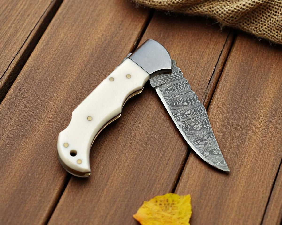 Handmade Damascus Pocket Knife | Bone Handle, 3" Blade