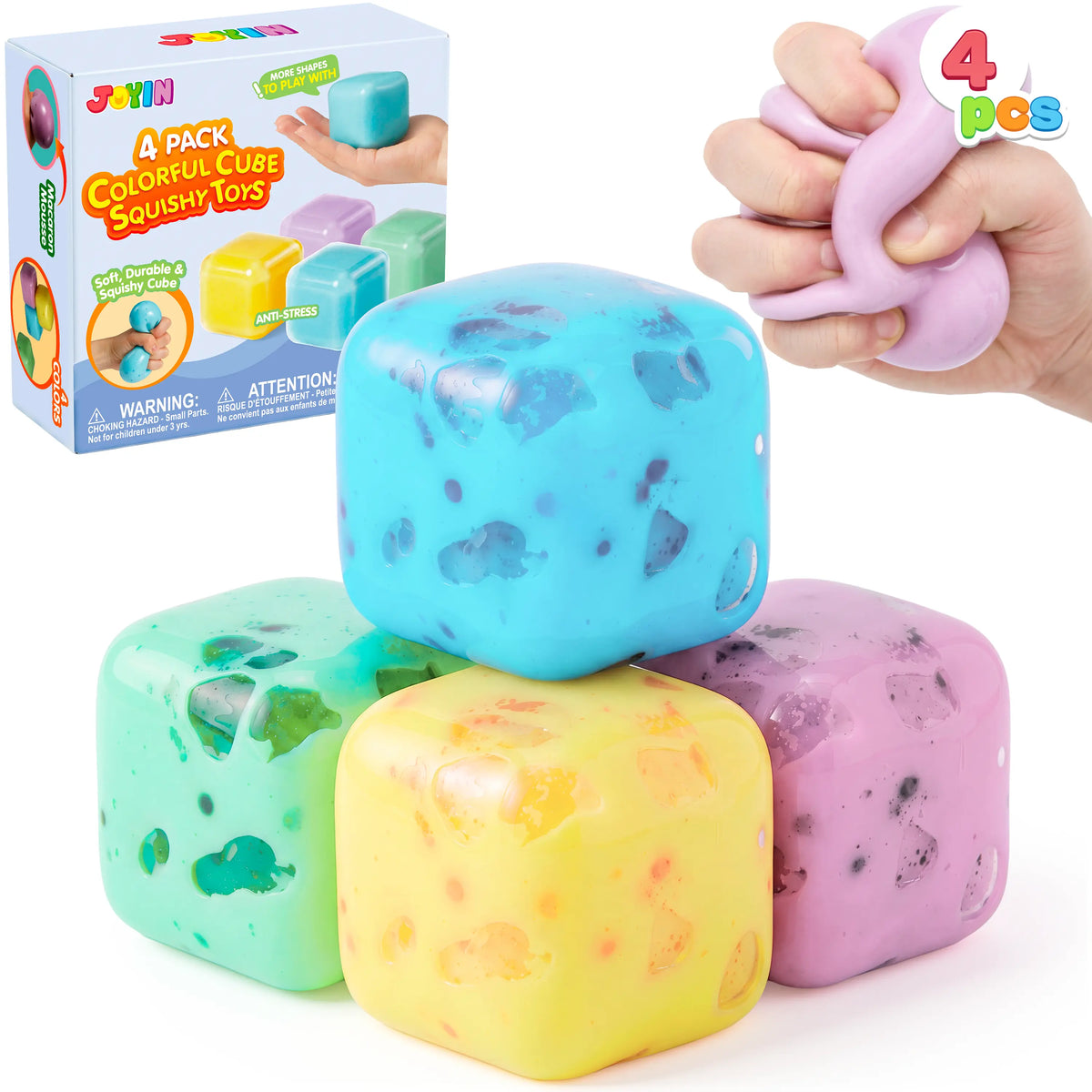 JOYIN 4 Pack Stress Cube, 2'' High Density Cube Fidget Toy, Stress Relief with Slow Rising Sensory Squishy Toys for Kids Adults, Birthday Gifts, Party Favors, Classroom Prizes for Boys Girls, Butter Stick Squishy