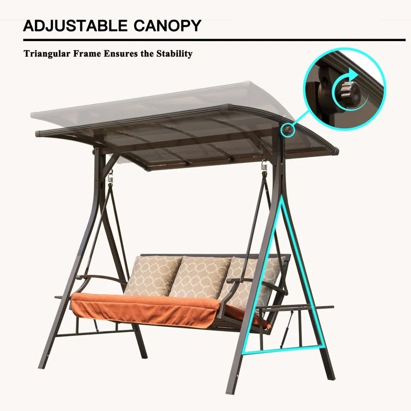 Outdoor Patio Swing 3 Seat Steel Brown Adjustable Canopy Cushioned