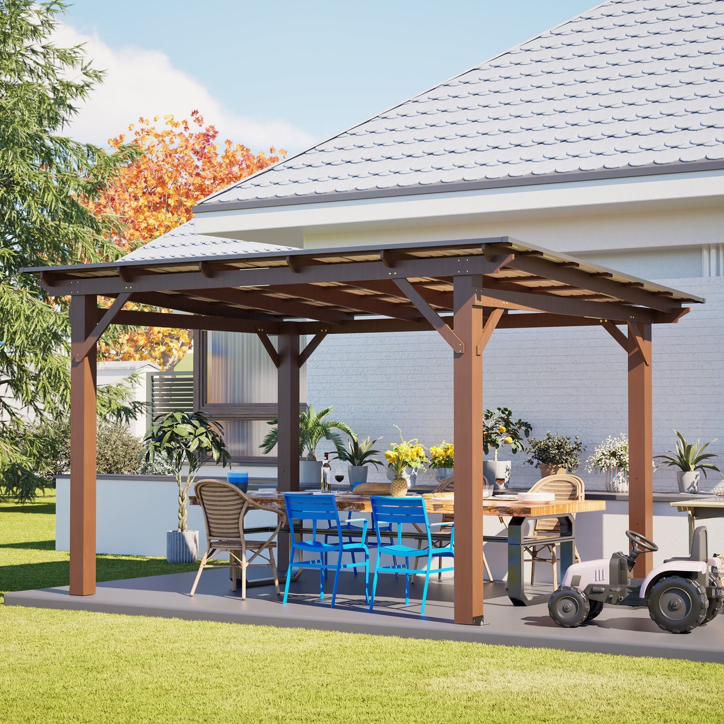 13x10ft Wooden Garden Gazebo with Metal Roof
