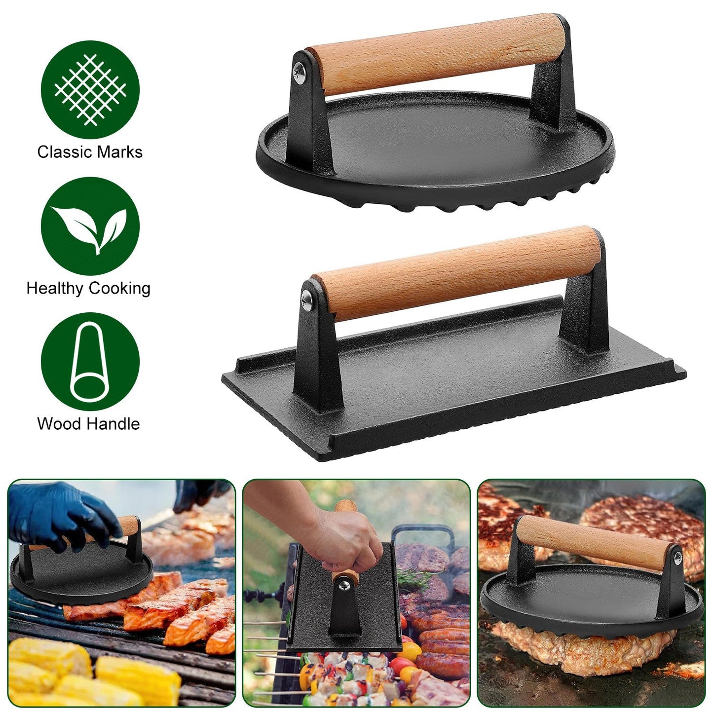 Cast Iron Grill Press for Burgers and Bacon