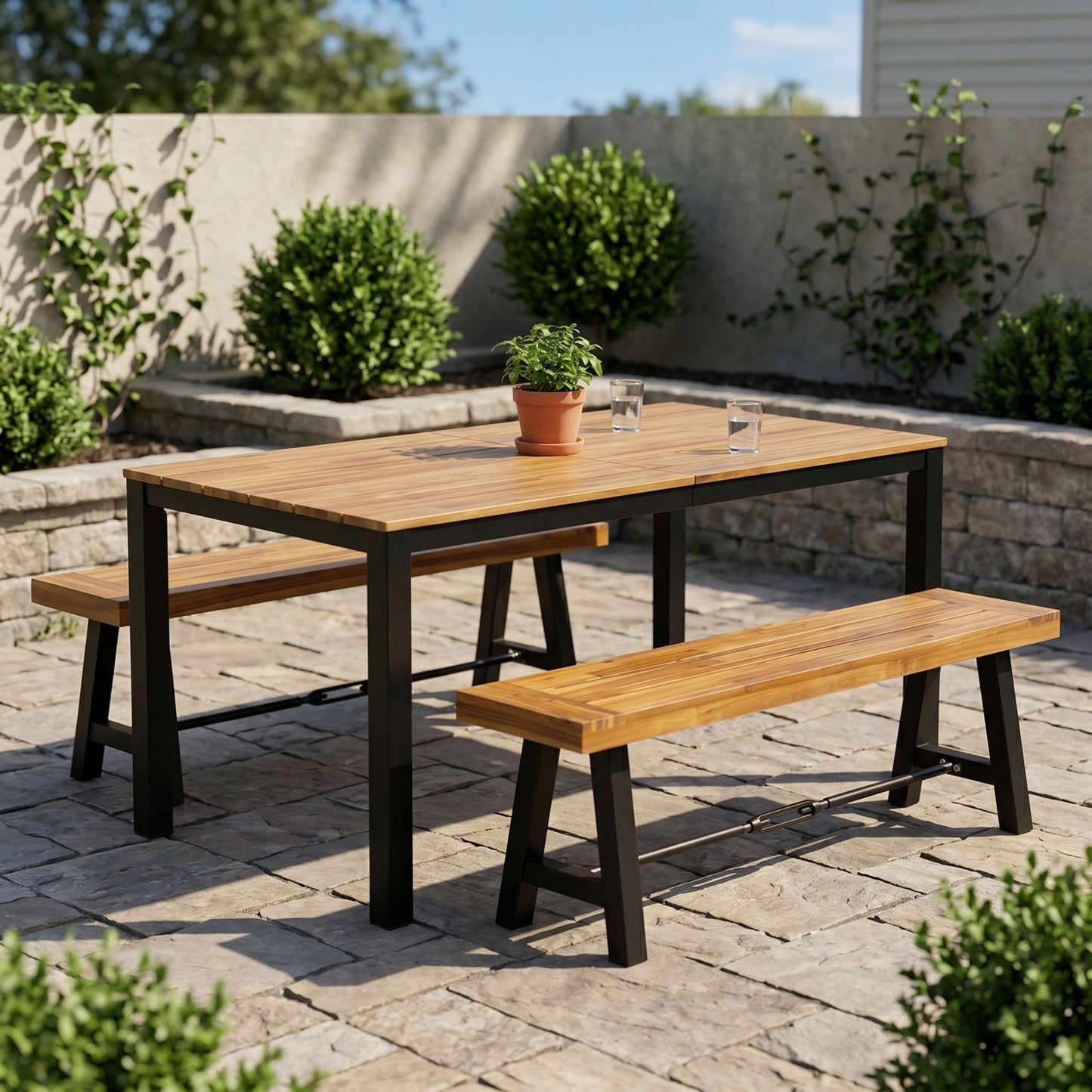 3-Piece Outdoor Acacia Wood Dining Set, 71" Rectangular Patio Table & 2 Benches