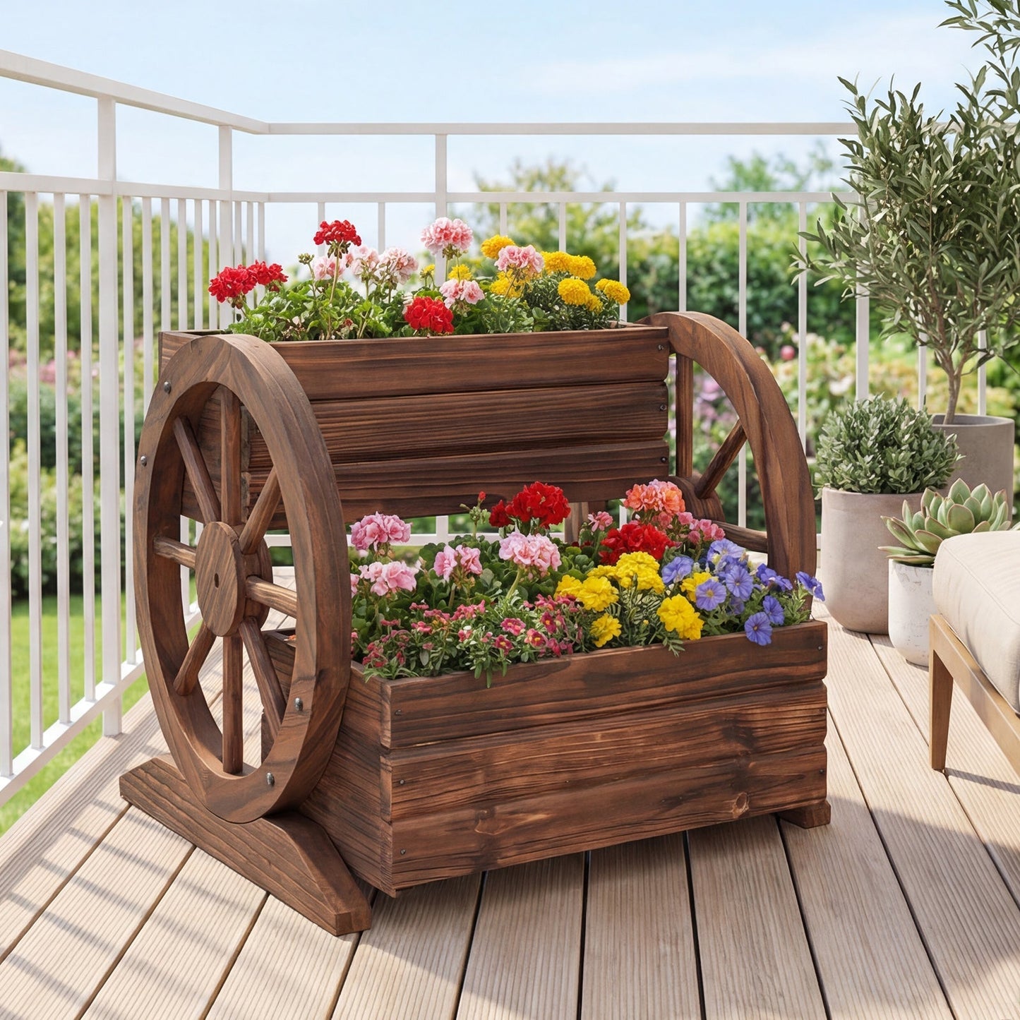 2-Tier Raised Garden Bed Rustic Wood Wagon Shape with Drainage Holes and Wheels-Coffee