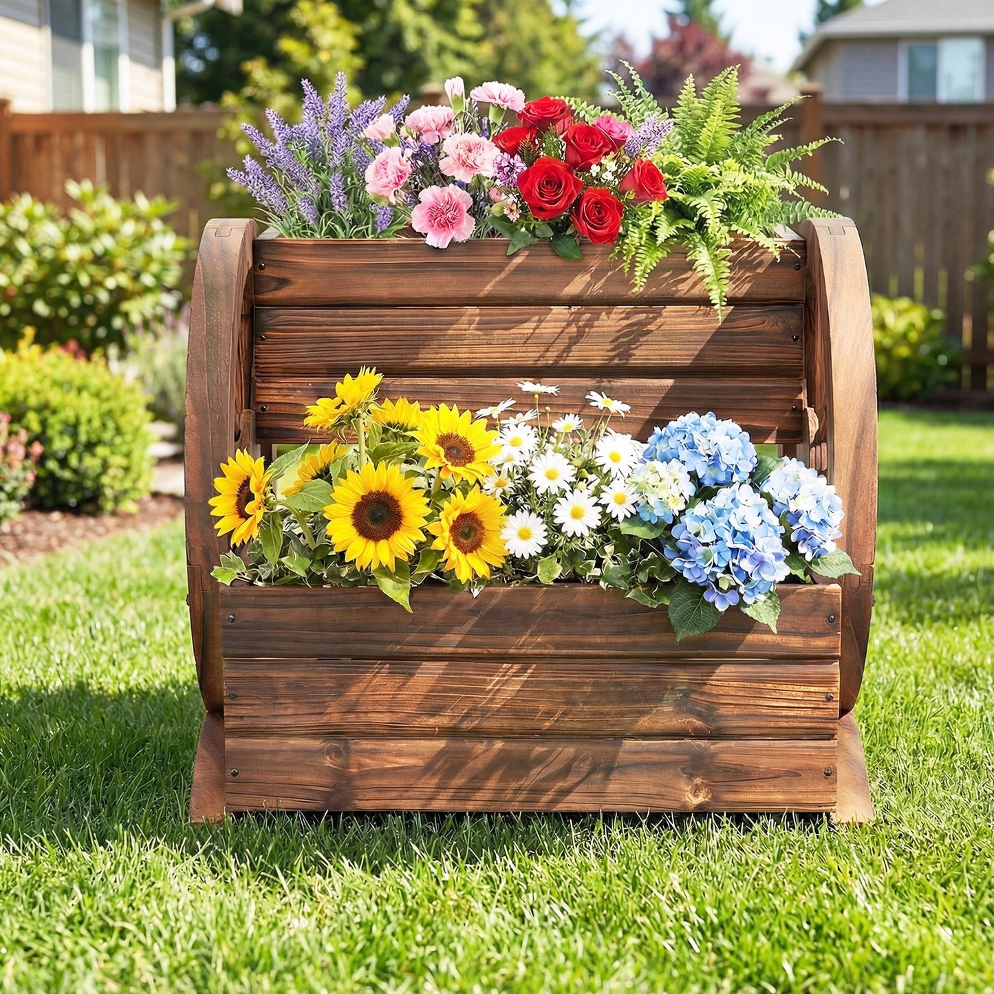 2-Tier Raised Garden Bed Rustic Wood Wagon Shape with Drainage Holes and Wheels-Coffee