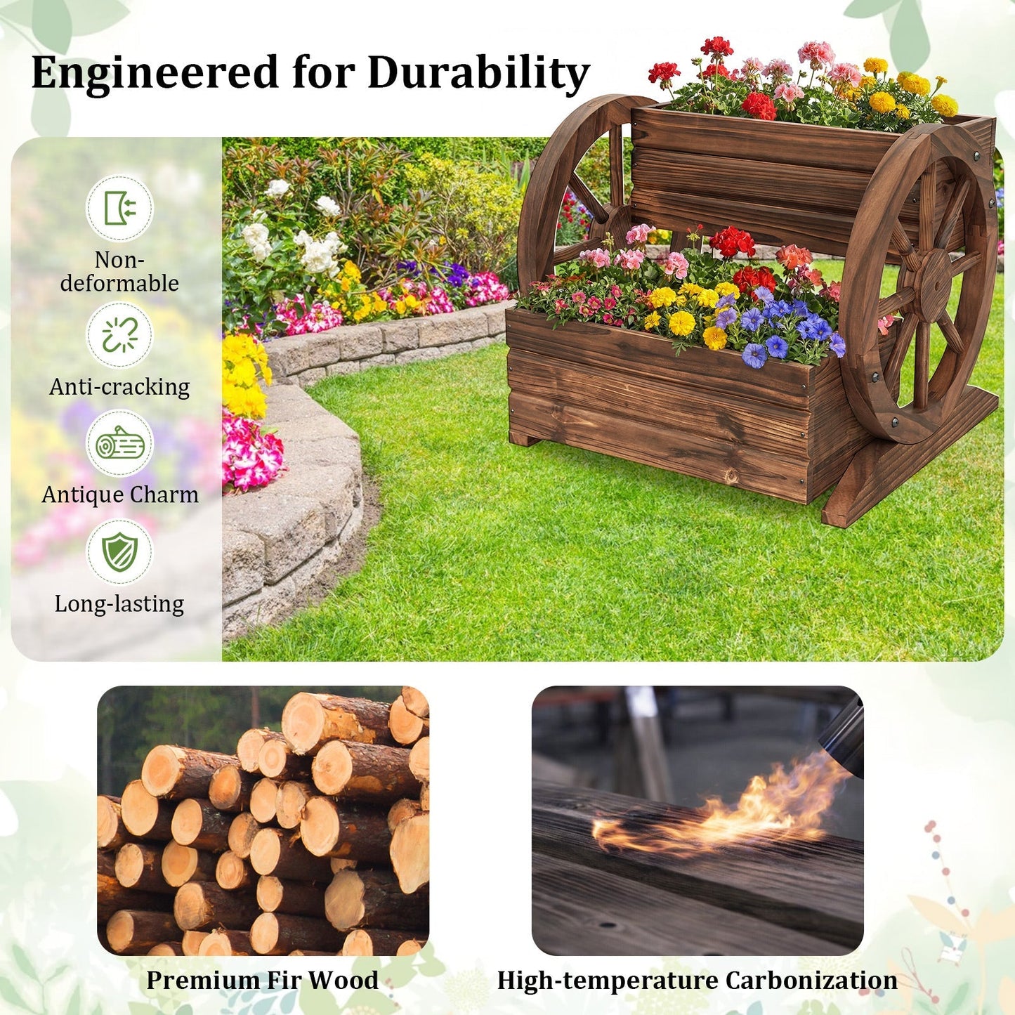 2-Tier Raised Garden Bed Rustic Wood Wagon Shape with Drainage Holes and Wheels-Coffee