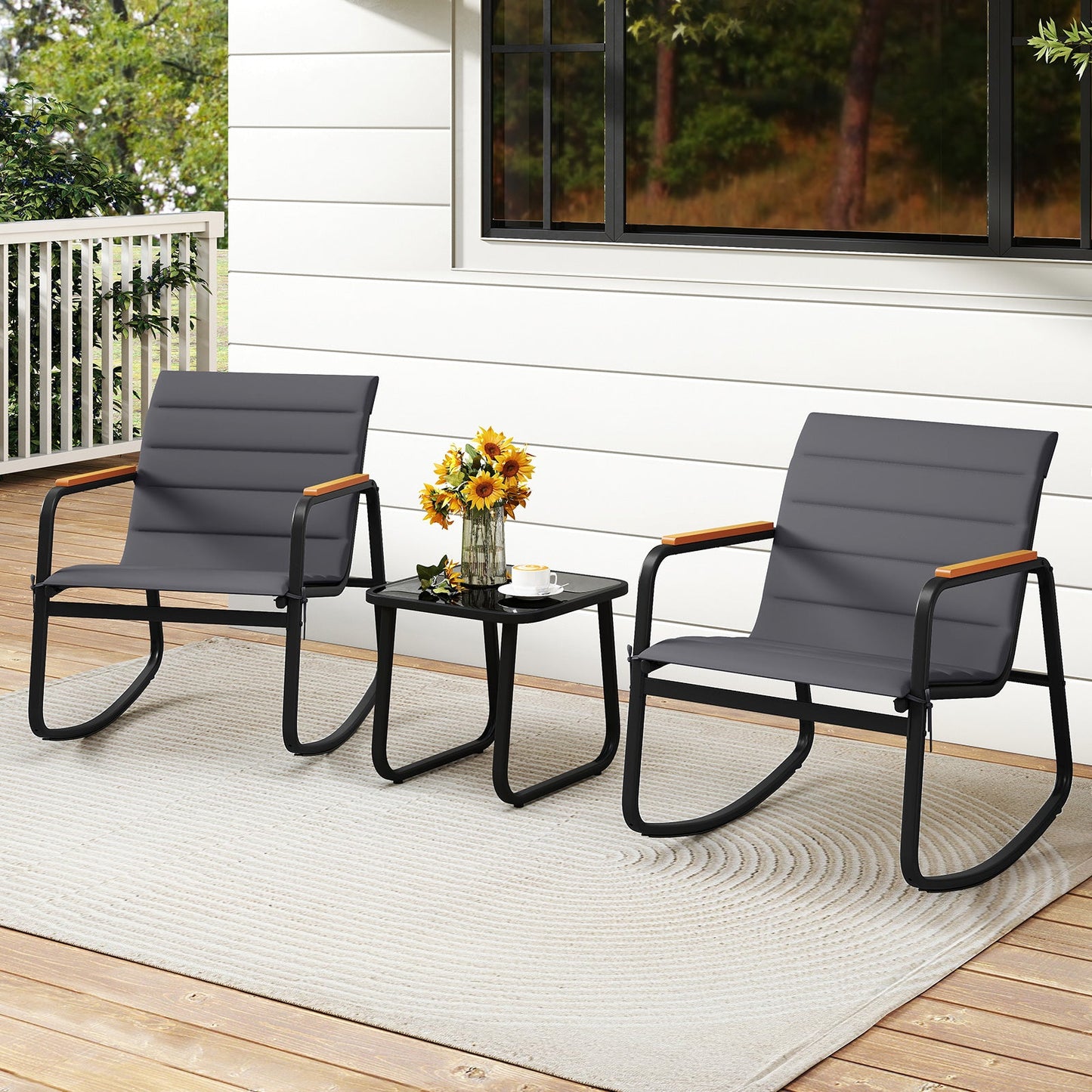 3 Piece Outdoor Rocking Bistro Set Porch Rocker Chairs-Gray
