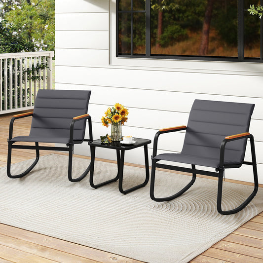 3 Piece Outdoor Rocking Bistro Set Porch Rocker Chairs-Gray