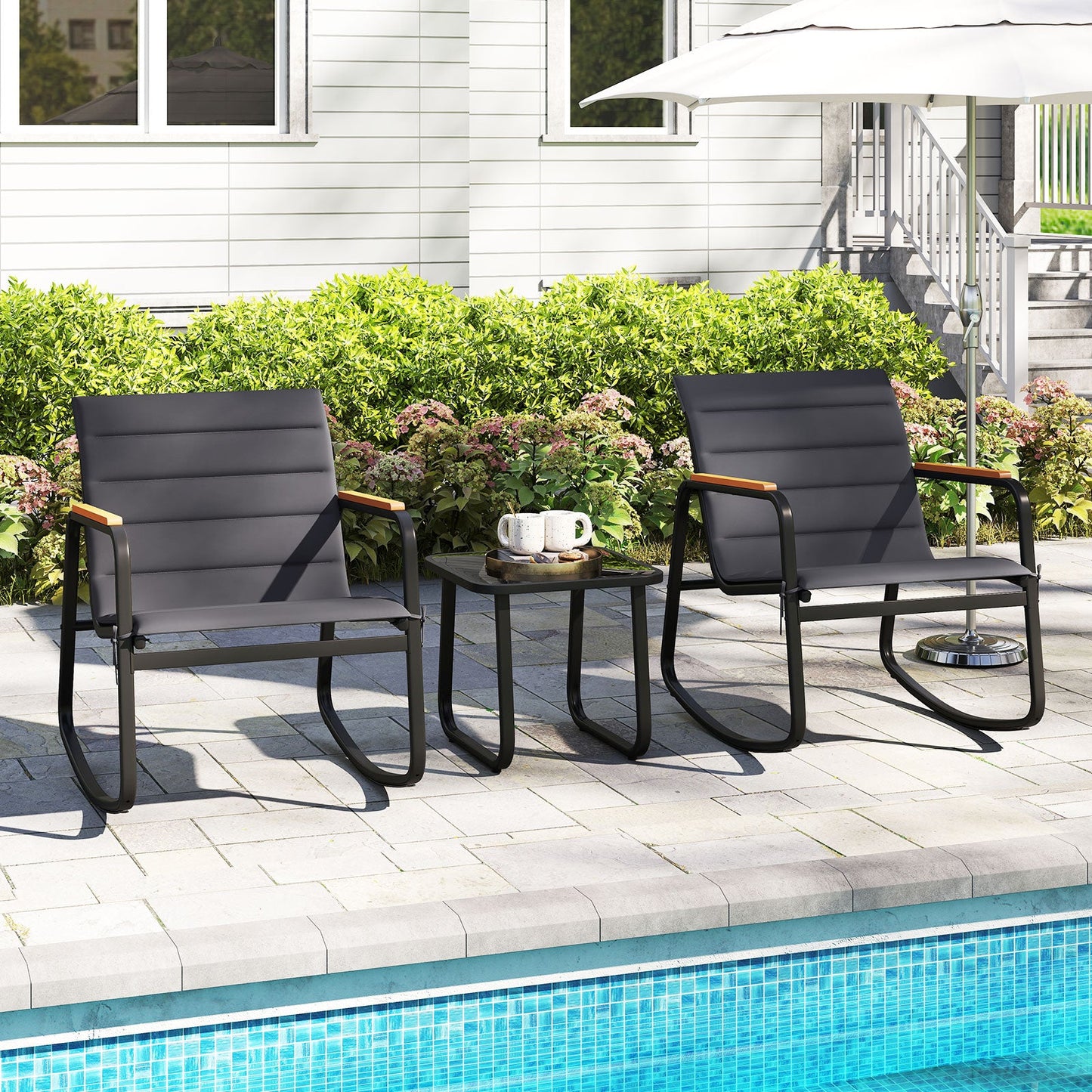 3 Piece Outdoor Rocking Bistro Set Porch Rocker Chairs-Gray