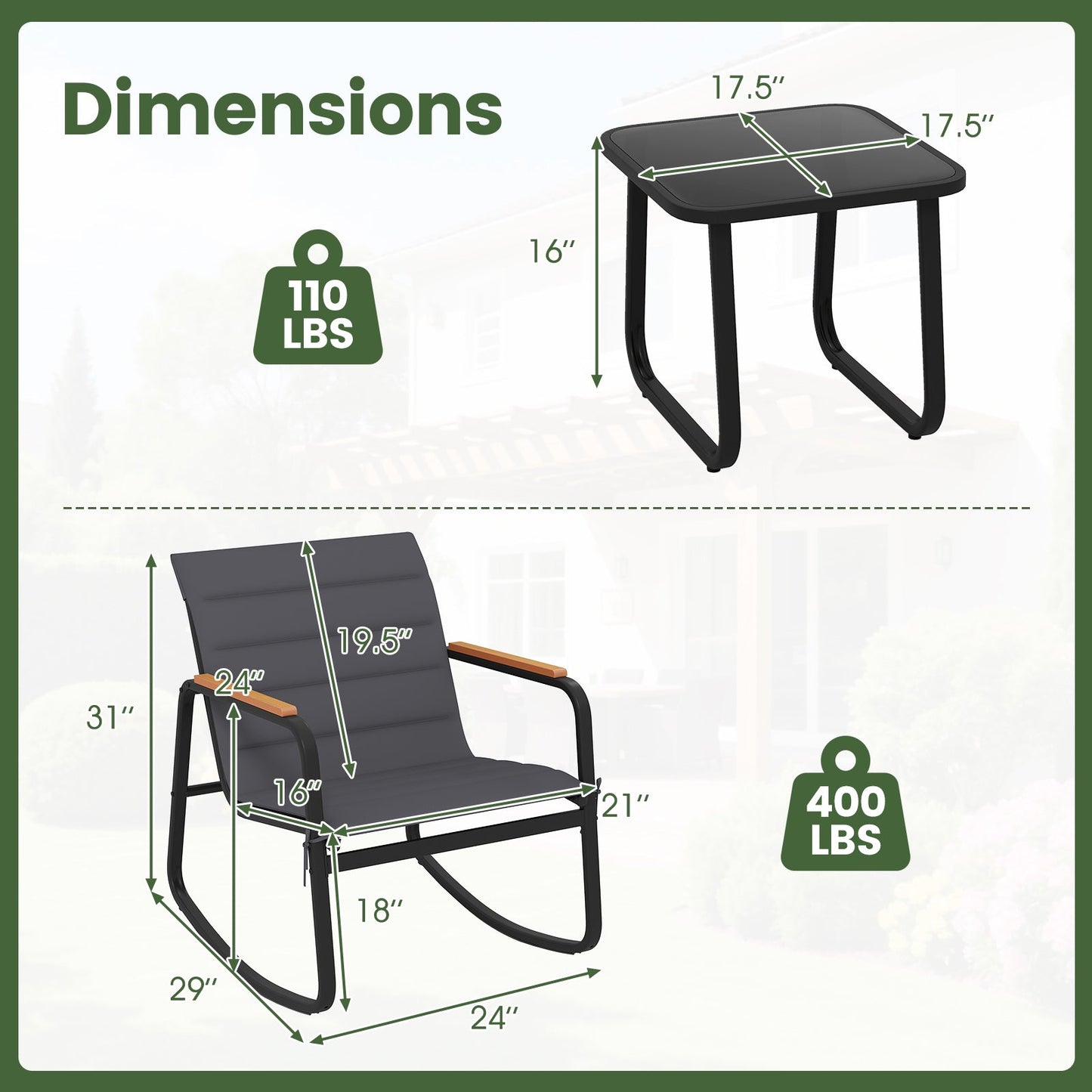 3 Piece Outdoor Rocking Bistro Set Porch Rocker Chairs-Gray