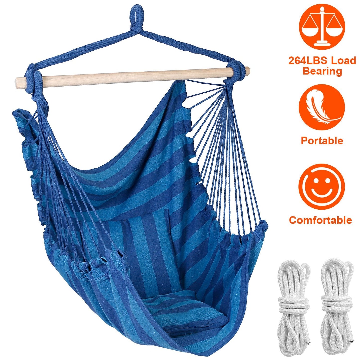 Hammock Hanging Chair Canvas Porch Patio Swing Seat Portable Camping Rope Seat Wooden Stick Hammock Chair with 2 Pillows 265LBS Load-bearing