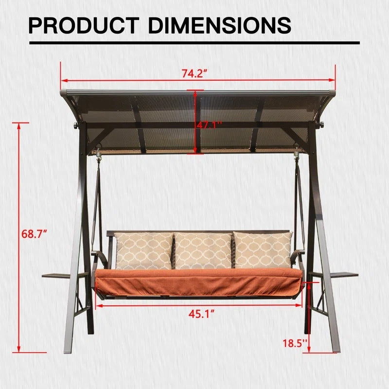 Outdoor Patio Swing 3 Seat Steel Brown Adjustable Canopy Cushioned