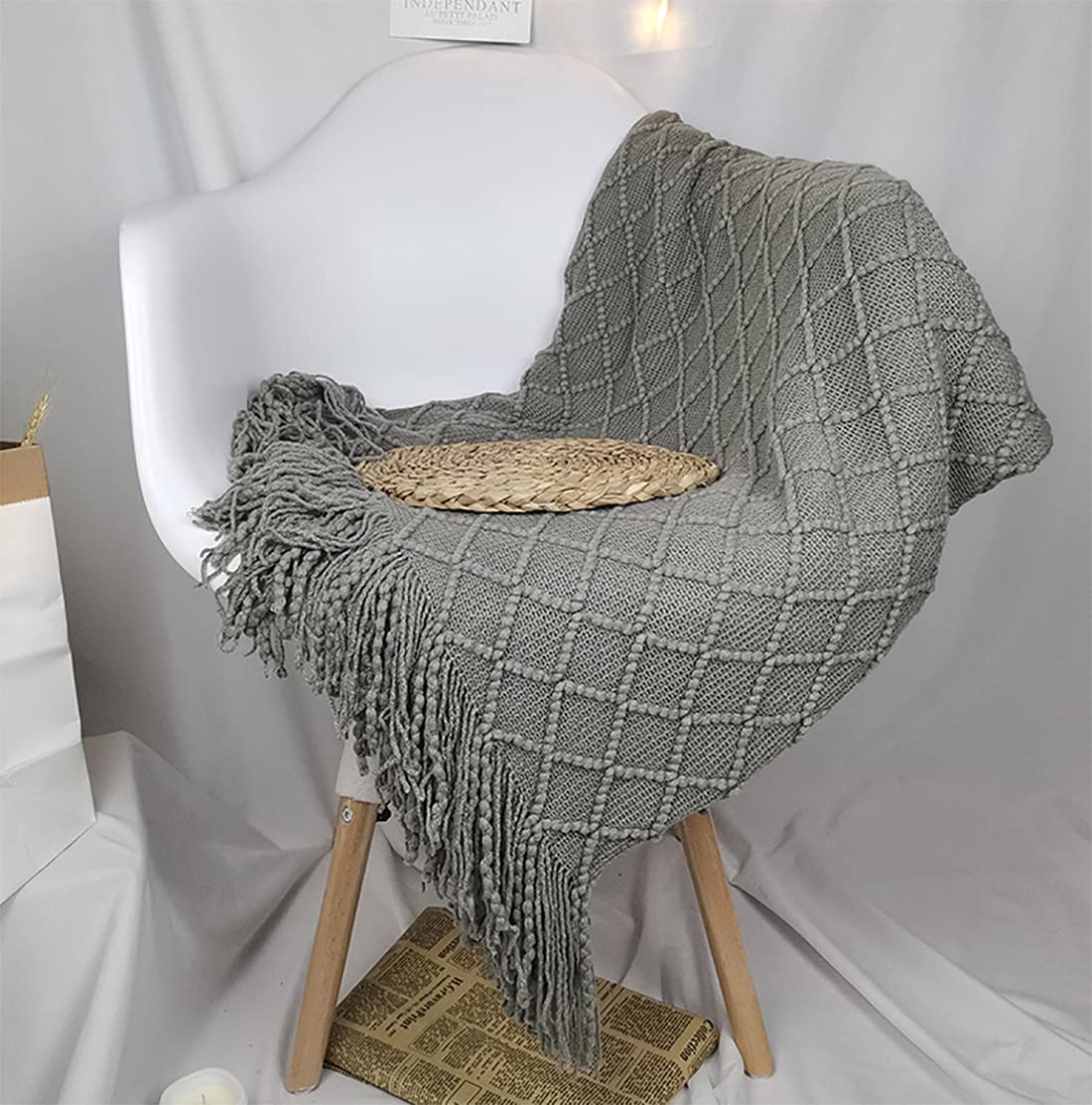 Fennco Styles Rhombus Diamond Knit Modern Fringe Throw 50" W x 60" L - Geometric Throw Blanket for Sofa, Couch, Living Room, Bedroom Décor