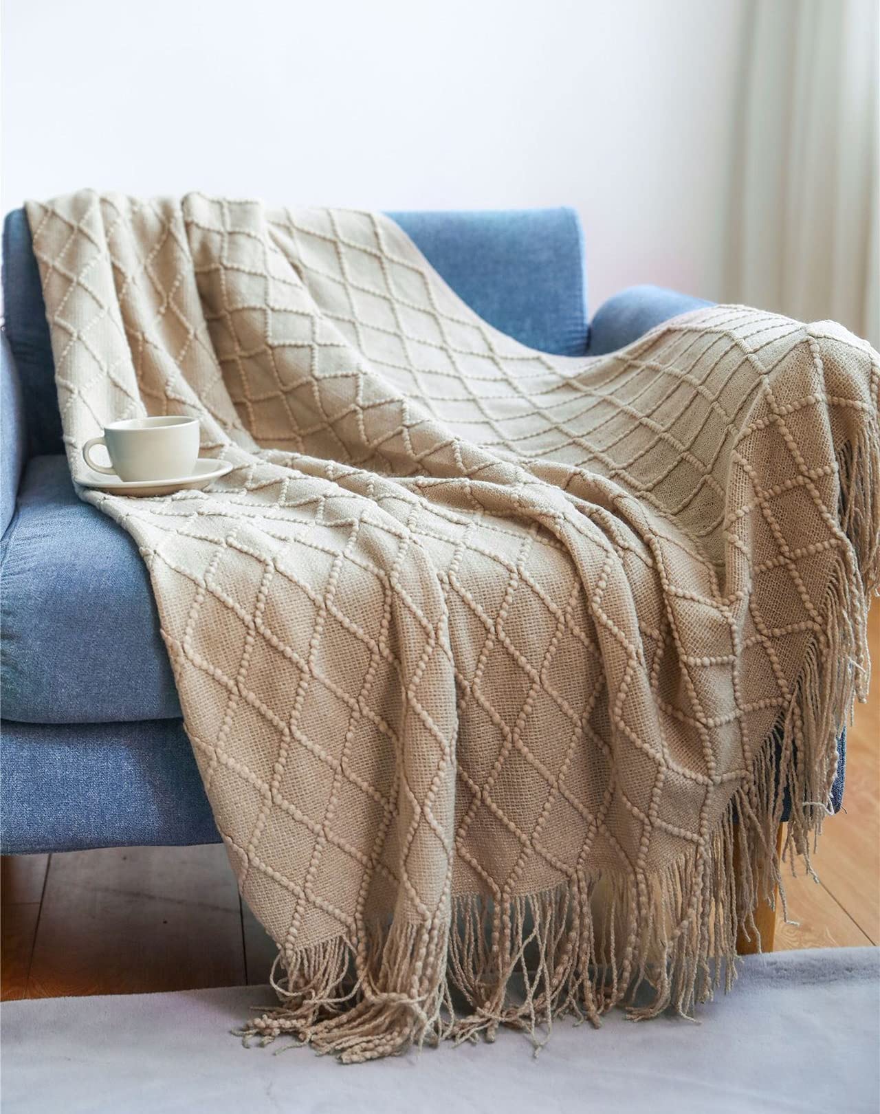 Fennco Styles Rhombus Diamond Knit Modern Fringe Throw 50" W x 60" L - Geometric Throw Blanket for Sofa, Couch, Living Room, Bedroom Décor