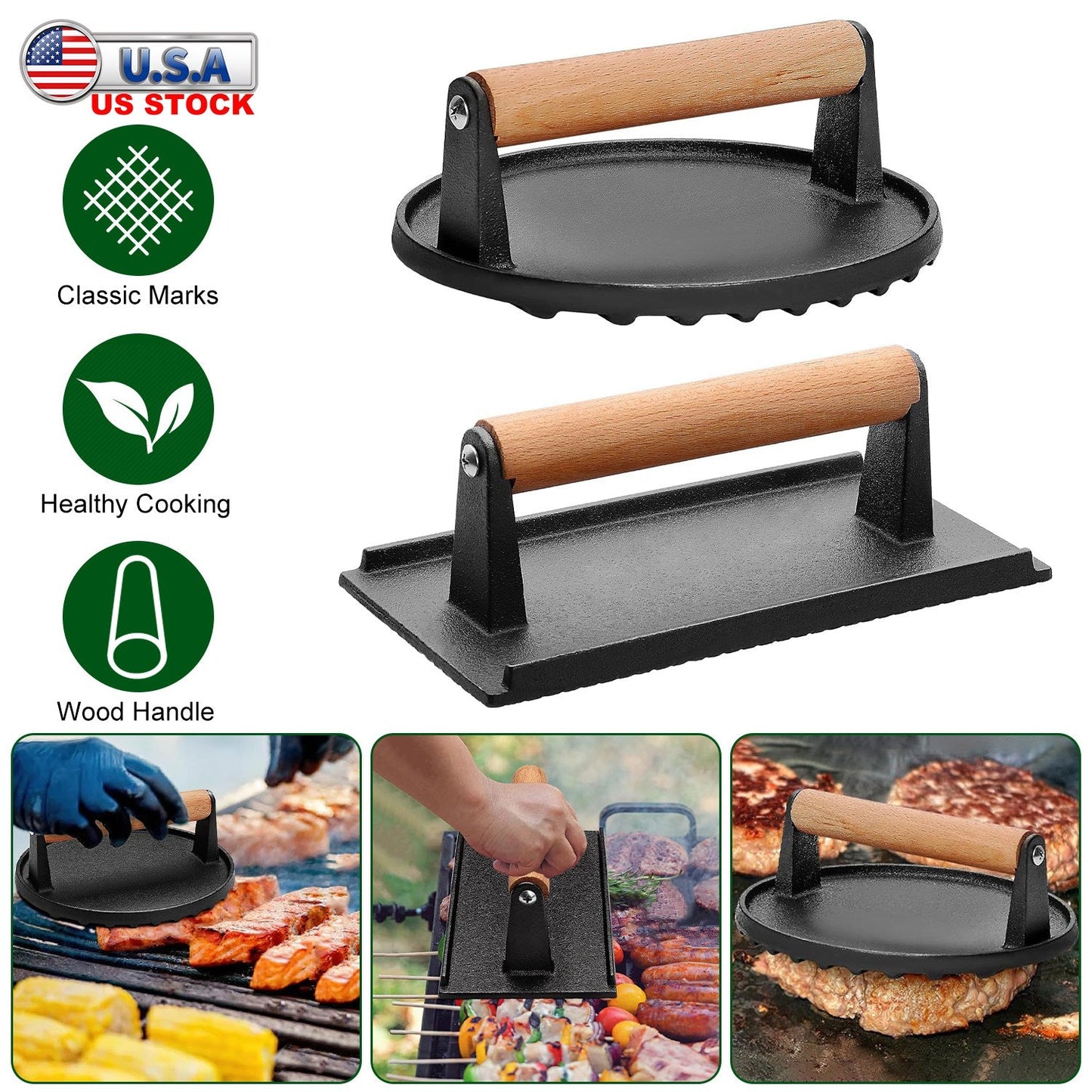 Cast Iron Grill Press for Burgers and Bacon