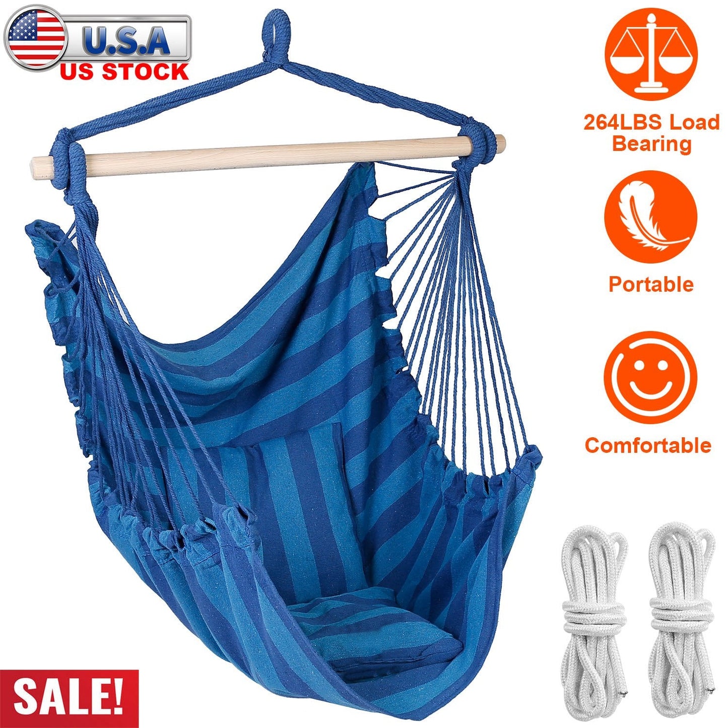 Hammock Hanging Chair Canvas Porch Patio Swing Seat Portable Camping Rope Seat Wooden Stick Hammock Chair with 2 Pillows 265LBS Load-bearing