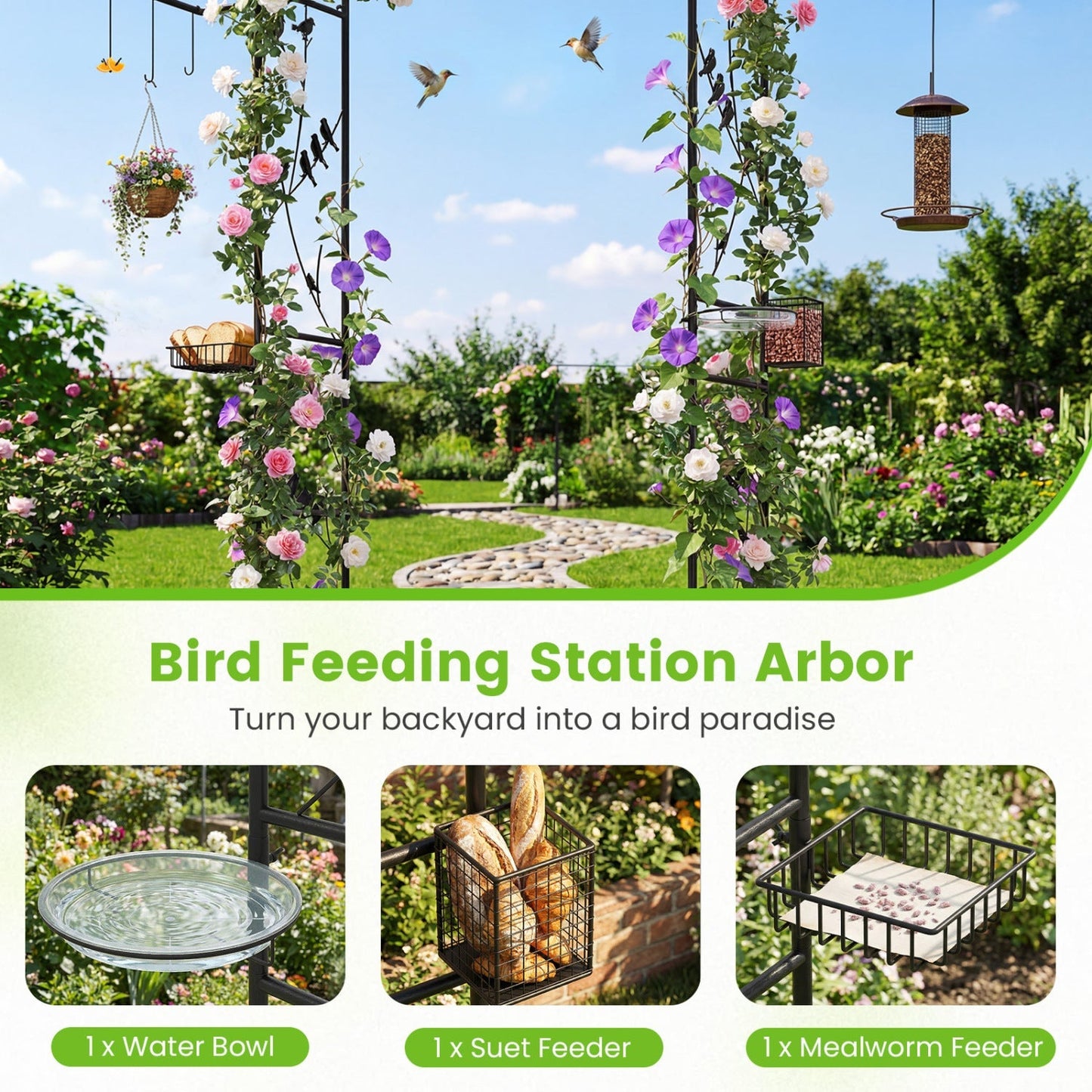 Garden Arbor with Bird Feeding Station 84 Inch Black