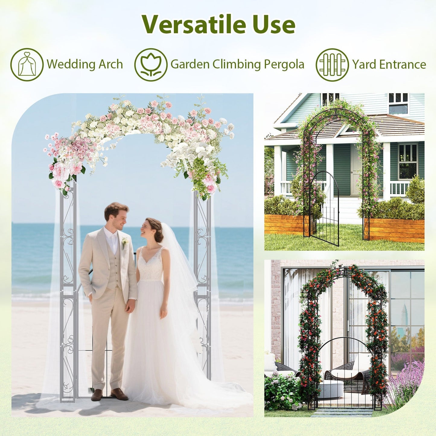 84 Inch Tall Garden Arch Metal Arbor Archway with Gate