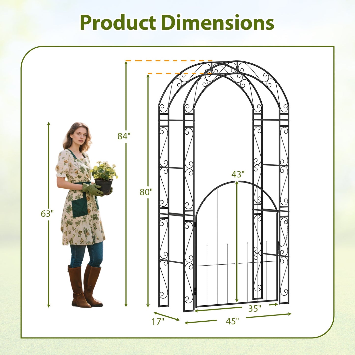 84 Inch Tall Garden Arch Metal Arbor Archway with Gate