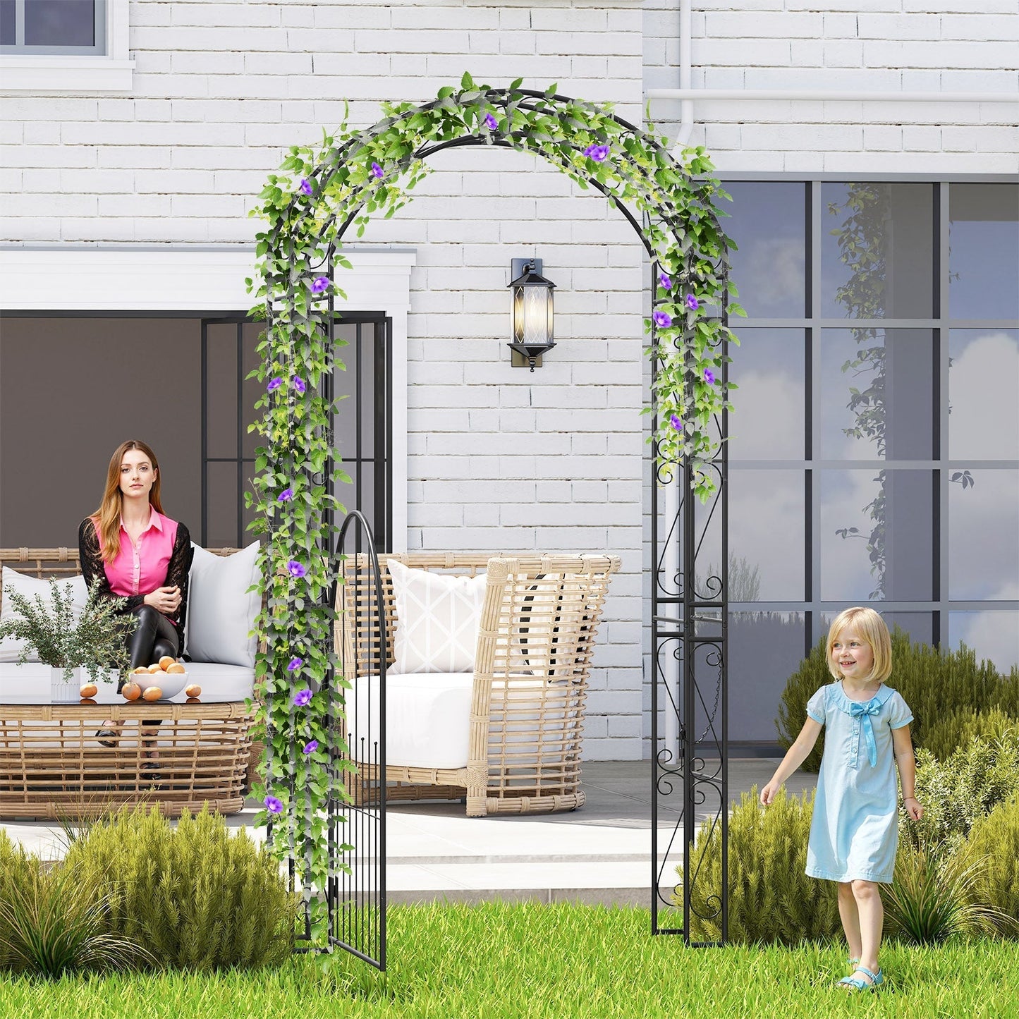 84 Inch Tall Garden Arch Metal Arbor Archway with Gate