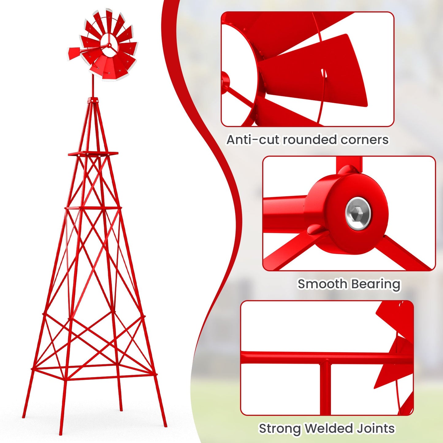 8 Feet Windmill Metal Ornamental Wind Wheel Weather Resistant