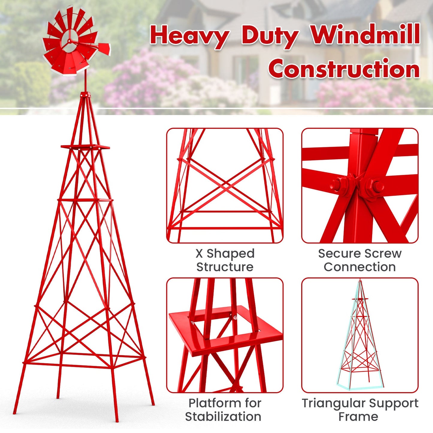8 Feet Windmill Metal Ornamental Wind Wheel Weather Resistant
