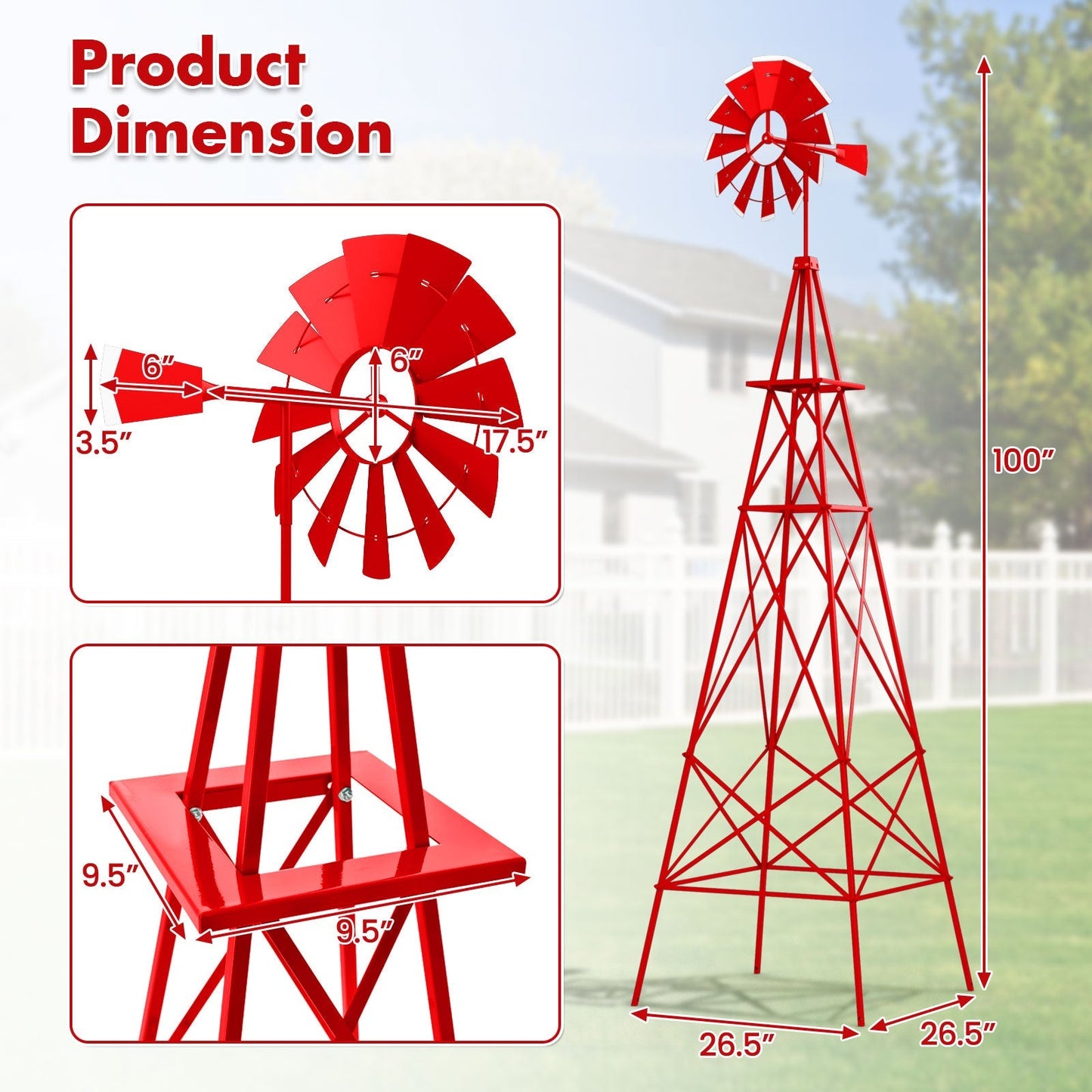 8 Feet Windmill Metal Ornamental Wind Wheel Weather Resistant