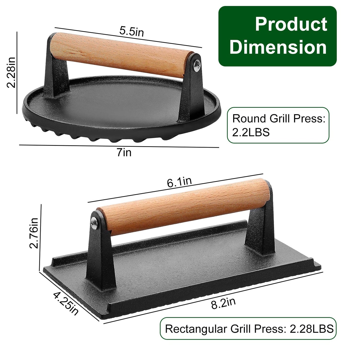 Cast Iron Grill Press for Burgers and Bacon