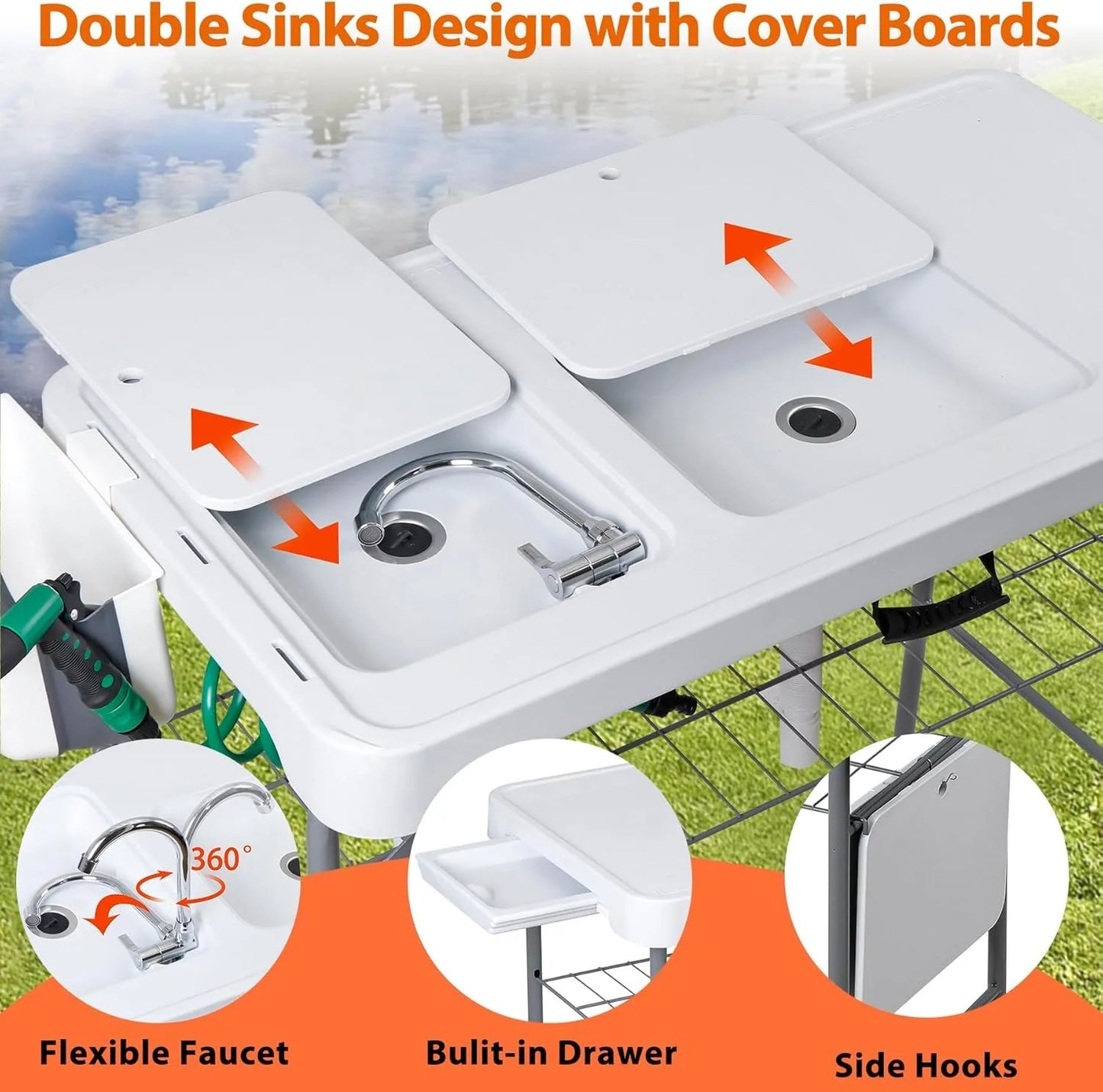 Fish Cleaning Table with Sink, 42.4" Width Portable Folding Camping Table, Outdoor Fish Cleaning Station with Grid Rack and