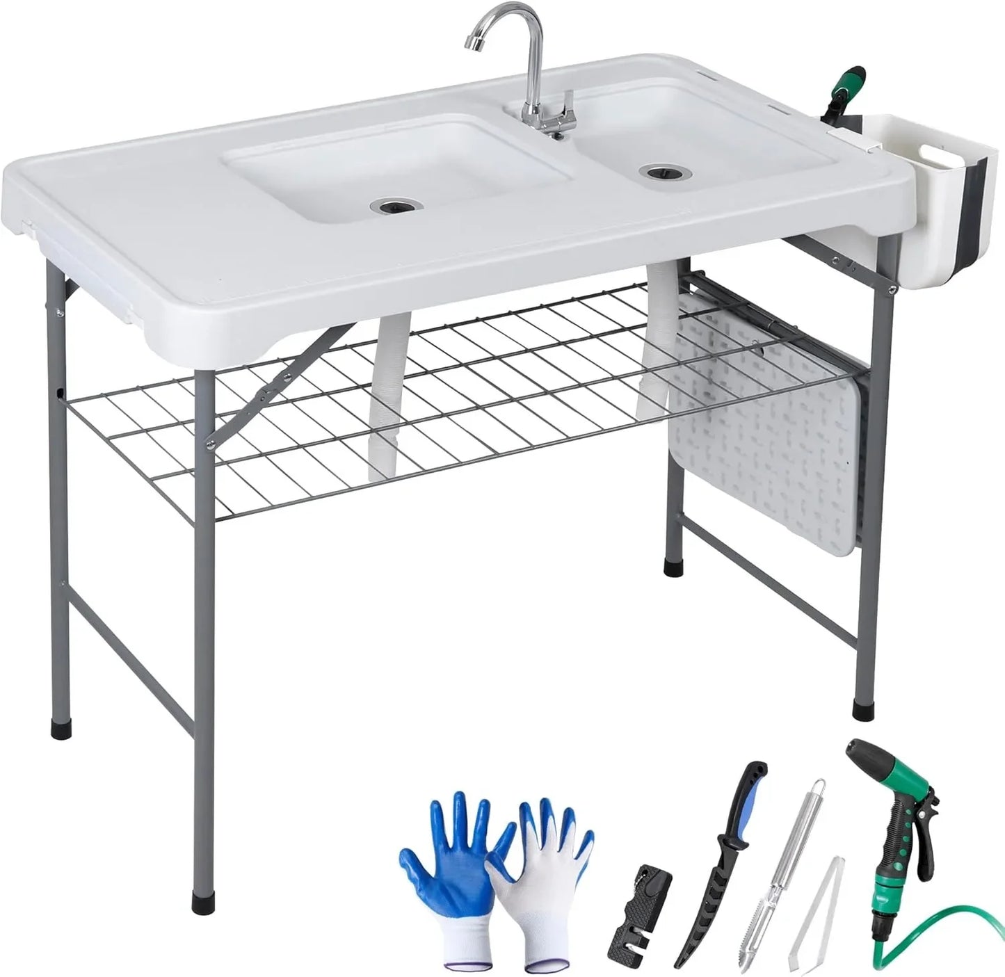 Fish Cleaning Table with Sink, 42.4" Width Portable Folding Camping Table, Outdoor Fish Cleaning Station with Grid Rack and