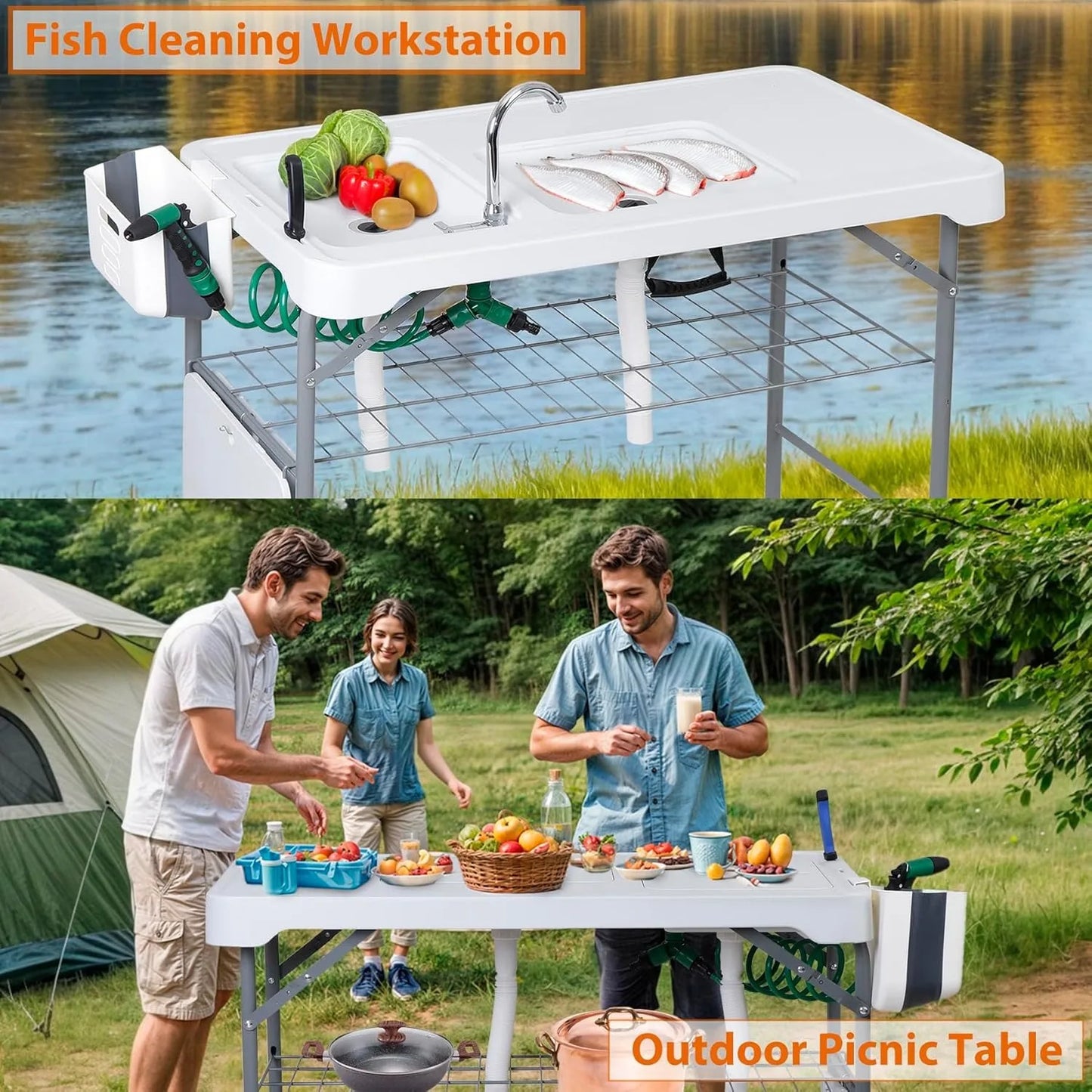 Fish Cleaning Table with Sink, 42.4" Width Portable Folding Camping Table, Outdoor Fish Cleaning Station with Grid Rack and