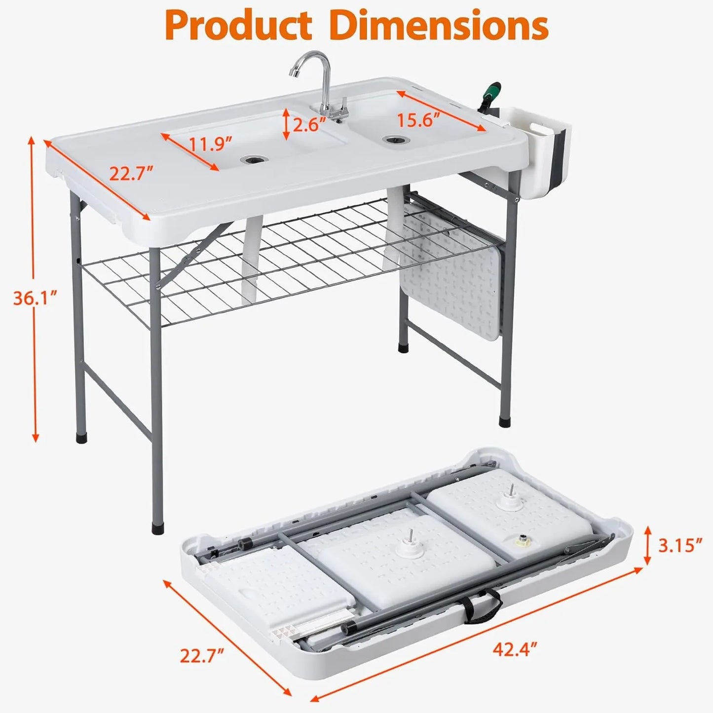 Fish Cleaning Table with Sink, 42.4" Width Portable Folding Camping Table, Outdoor Fish Cleaning Station with Grid Rack and