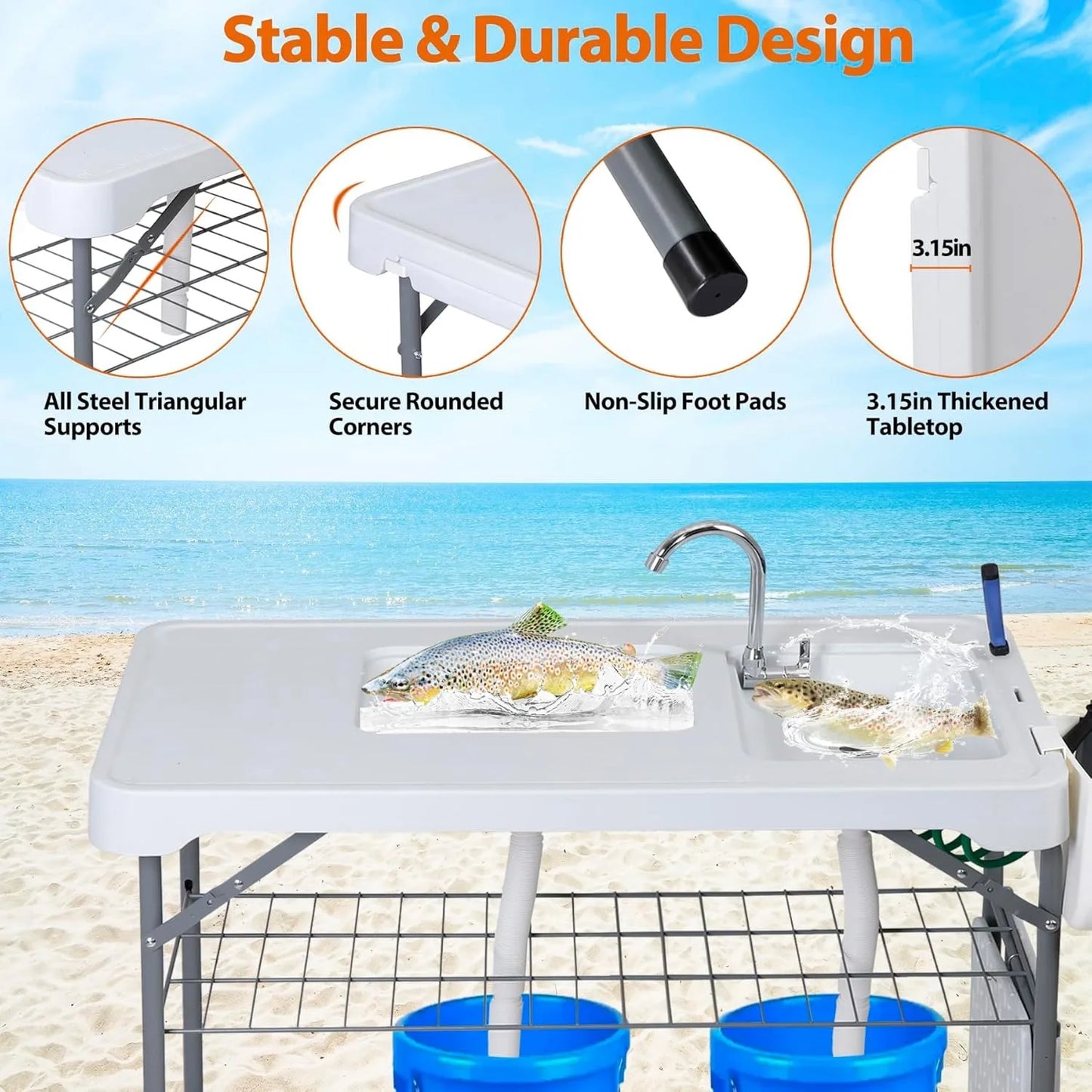 Fish Cleaning Table with Sink, 42.4" Width Portable Folding Camping Table, Outdoor Fish Cleaning Station with Grid Rack and