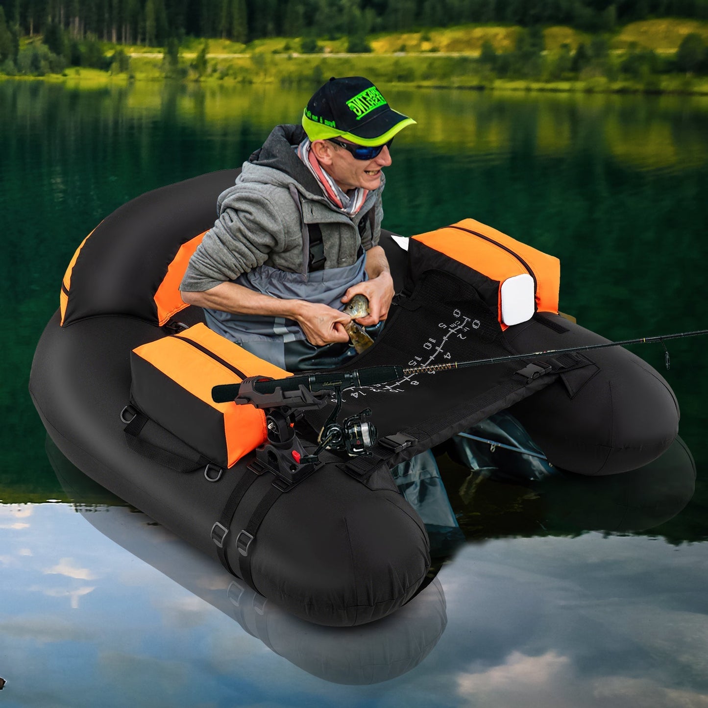 Inflatable Float Tube with Adjustable Fishing Rod Holder and Fish Hook Stator
