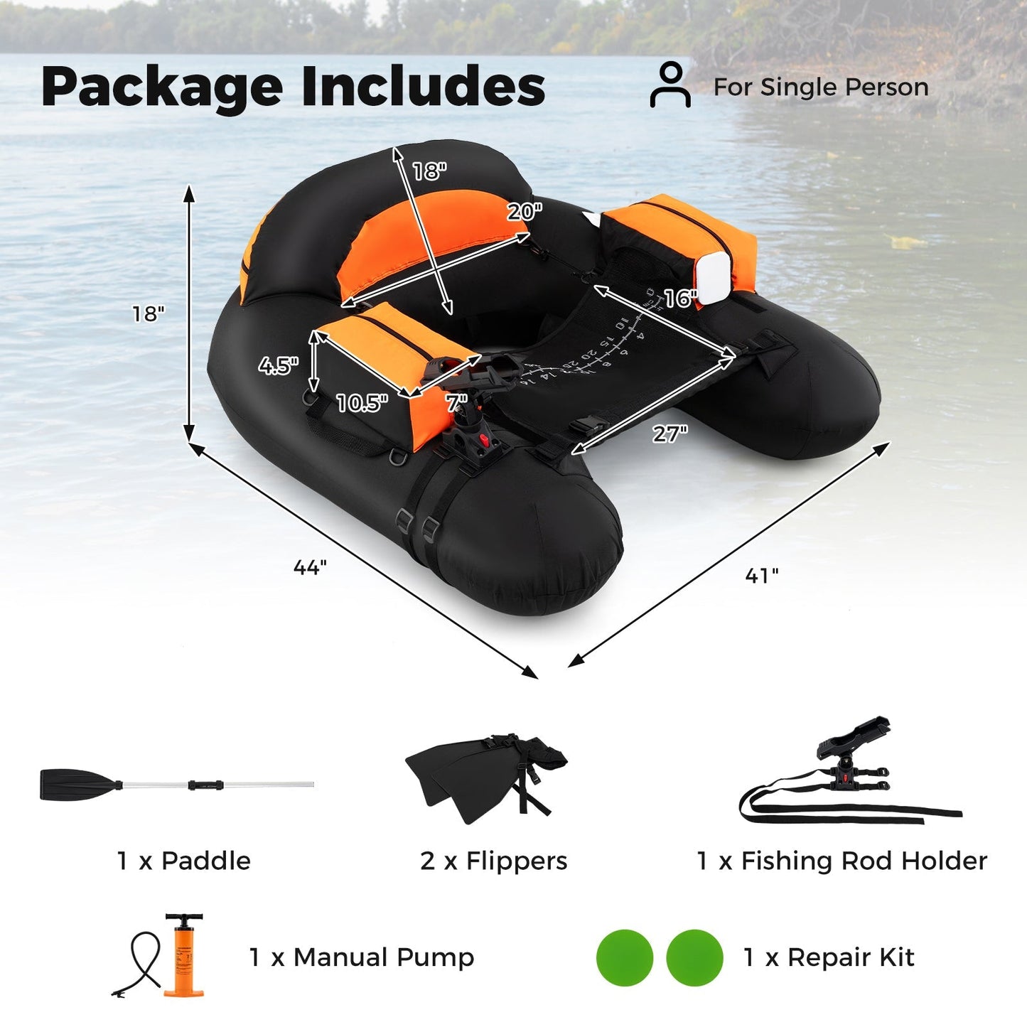 Inflatable Float Tube with Adjustable Fishing Rod Holder and Fish Hook Stator