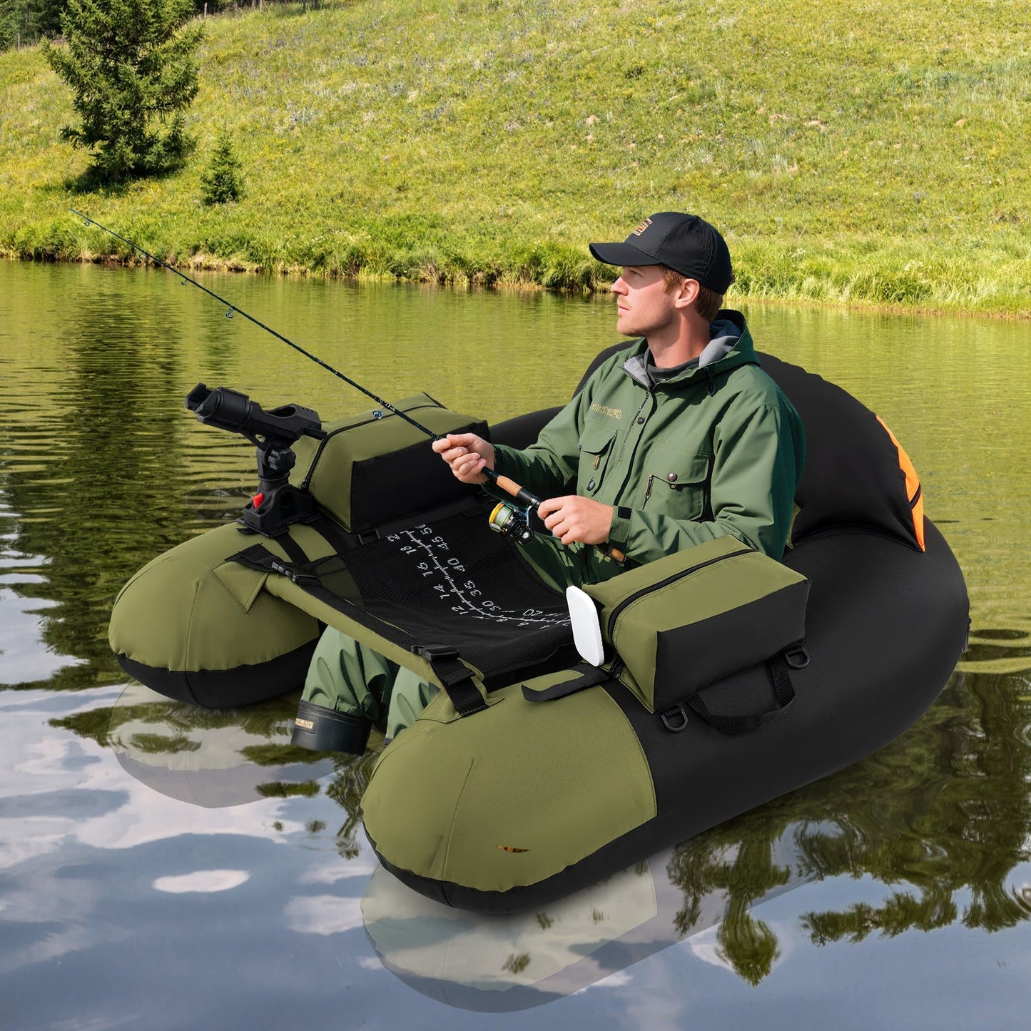 Inflatable Float Tube with Adjustable Fishing Rod Holder and Fish Hook Stator