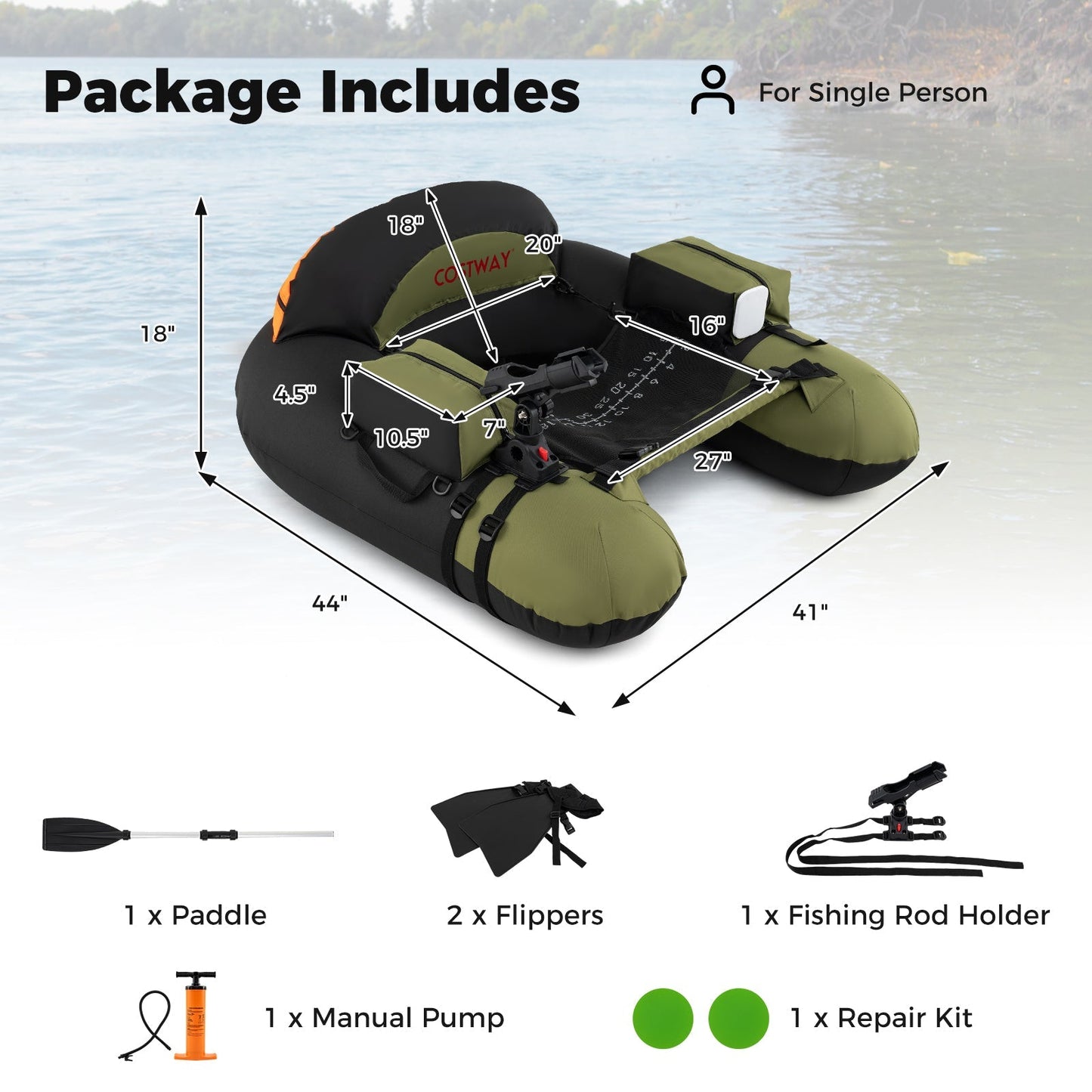 Inflatable Float Tube with Adjustable Fishing Rod Holder and Fish Hook Stator