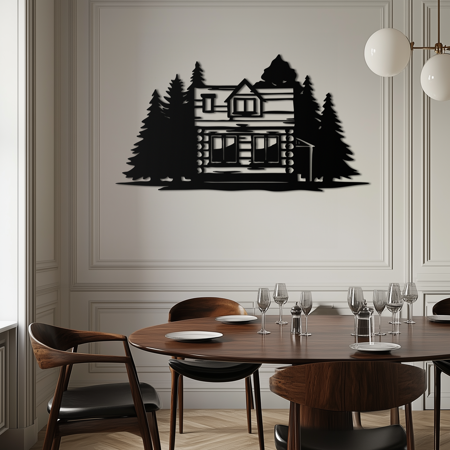 Mountain Log Cabin Metal Wall Art – Nature Inspired Outdoor Wall Decor for Home & Lodge- KAF640
