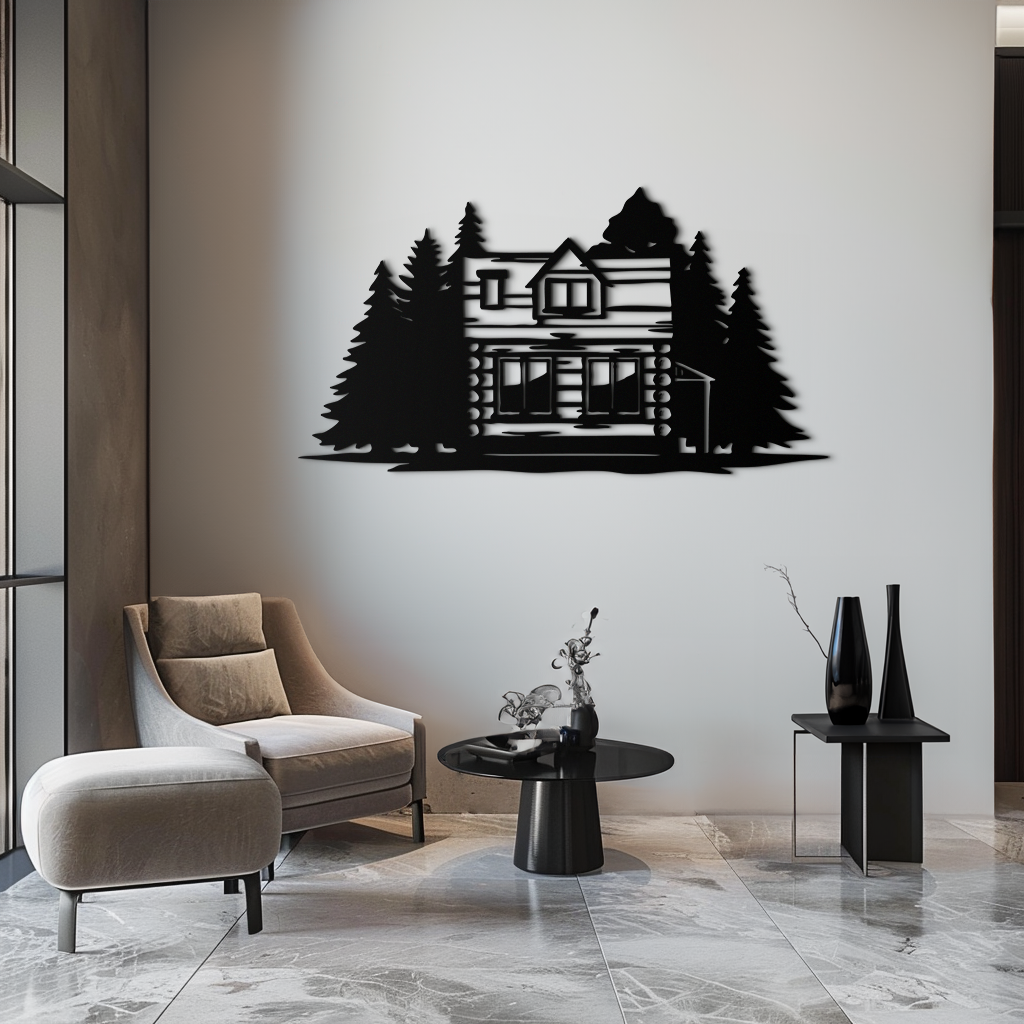 Mountain Log Cabin Metal Wall Art – Nature Inspired Outdoor Wall Decor for Home & Lodge- KAF640