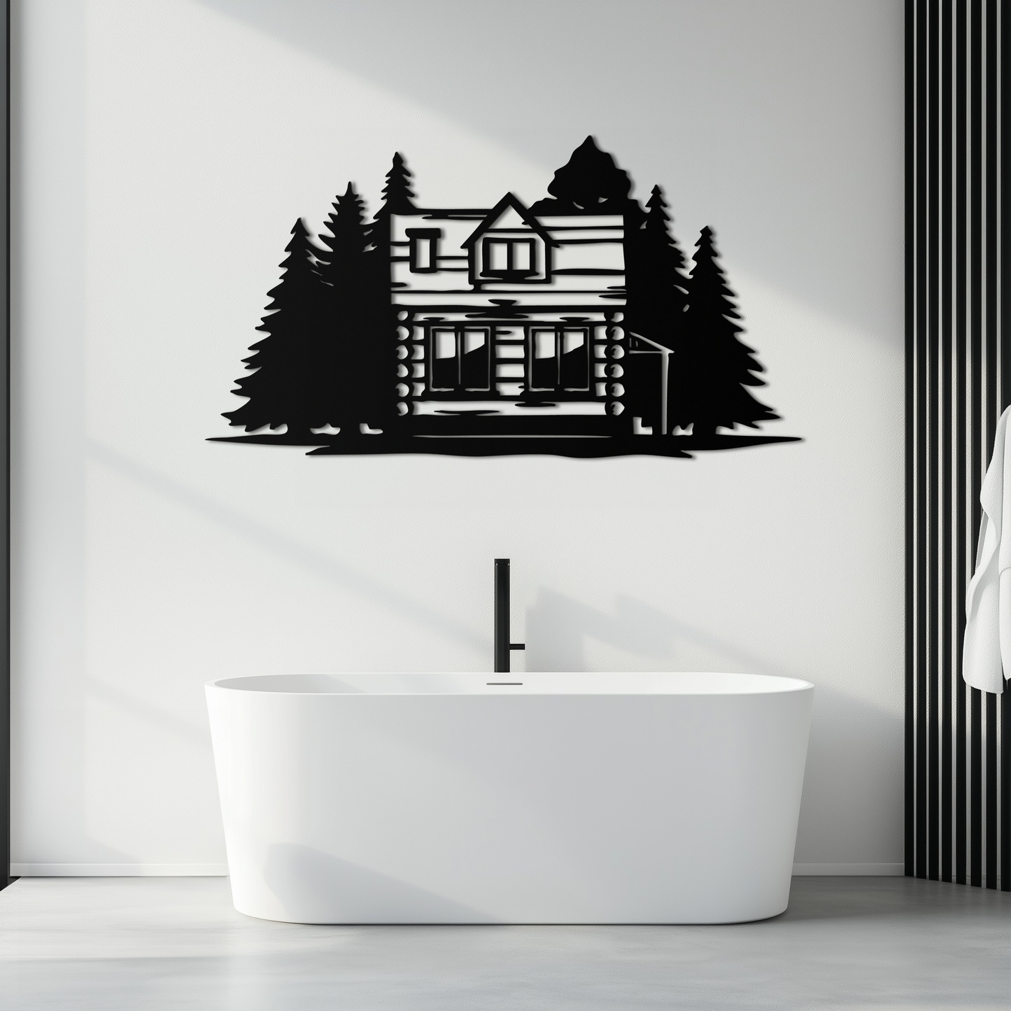 Mountain Log Cabin Metal Wall Art – Nature Inspired Outdoor Wall Decor for Home & Lodge- KAF640