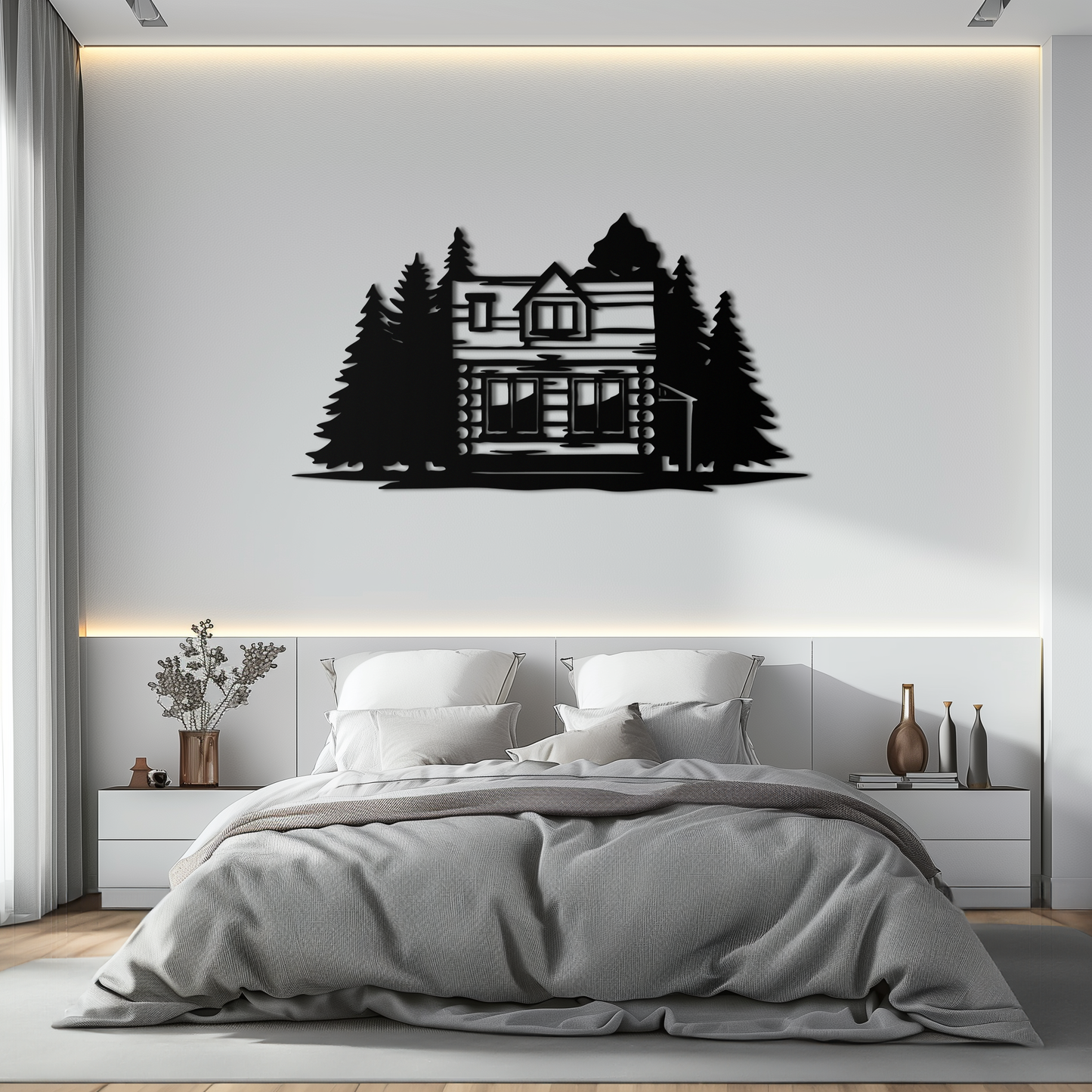 Mountain Log Cabin Metal Wall Art – Nature Inspired Outdoor Wall Decor for Home & Lodge- KAF640