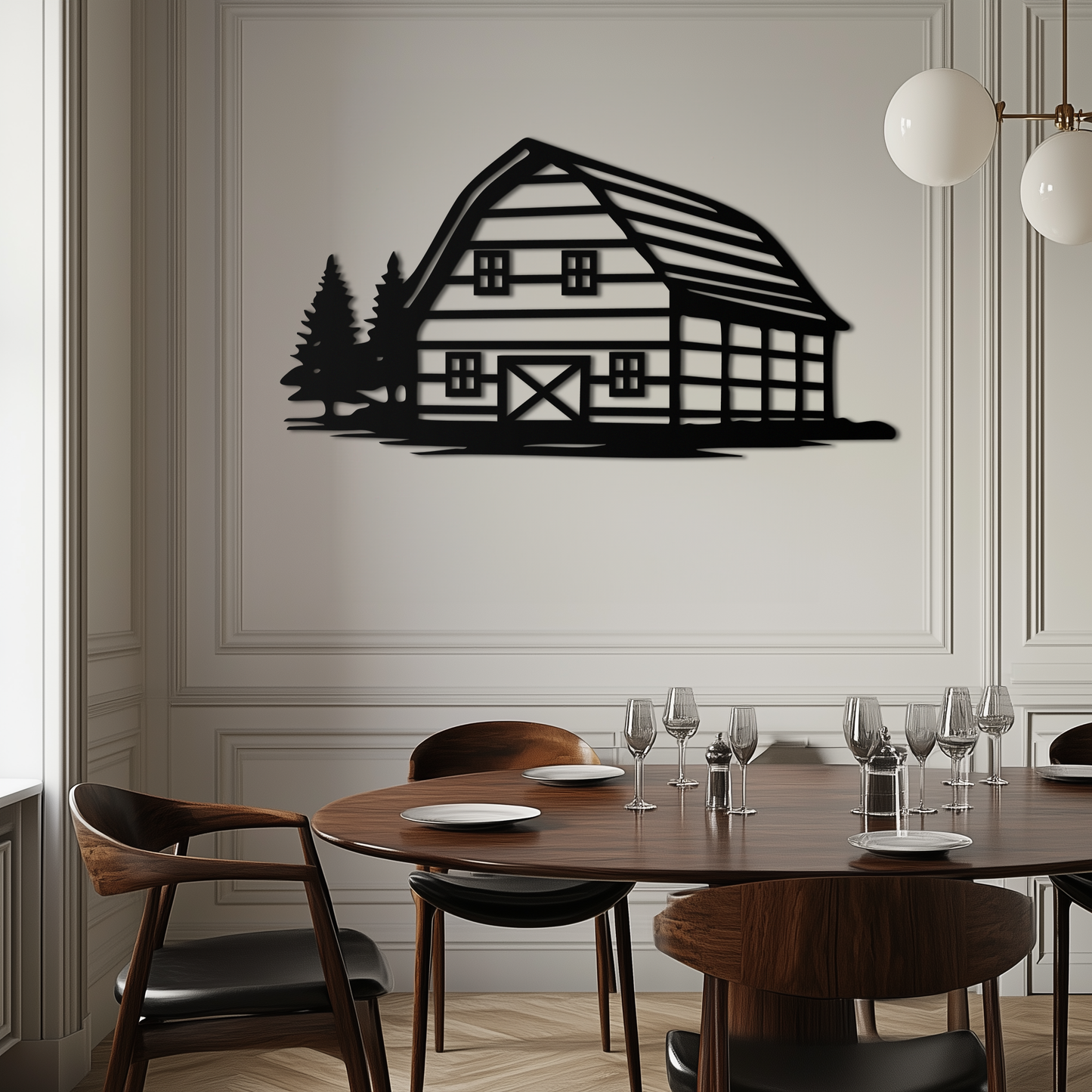 Rustic Barn and Pine Trees Metal Wall Art – Country House Landscape Silhouette Decor- KAF681