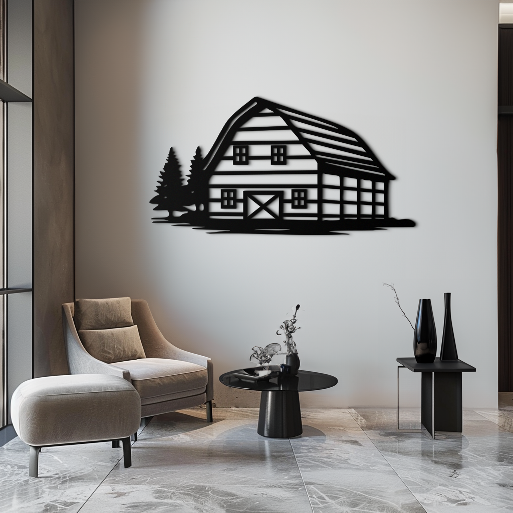 Rustic Barn and Pine Trees Metal Wall Art – Country House Landscape Silhouette Decor- KAF681
