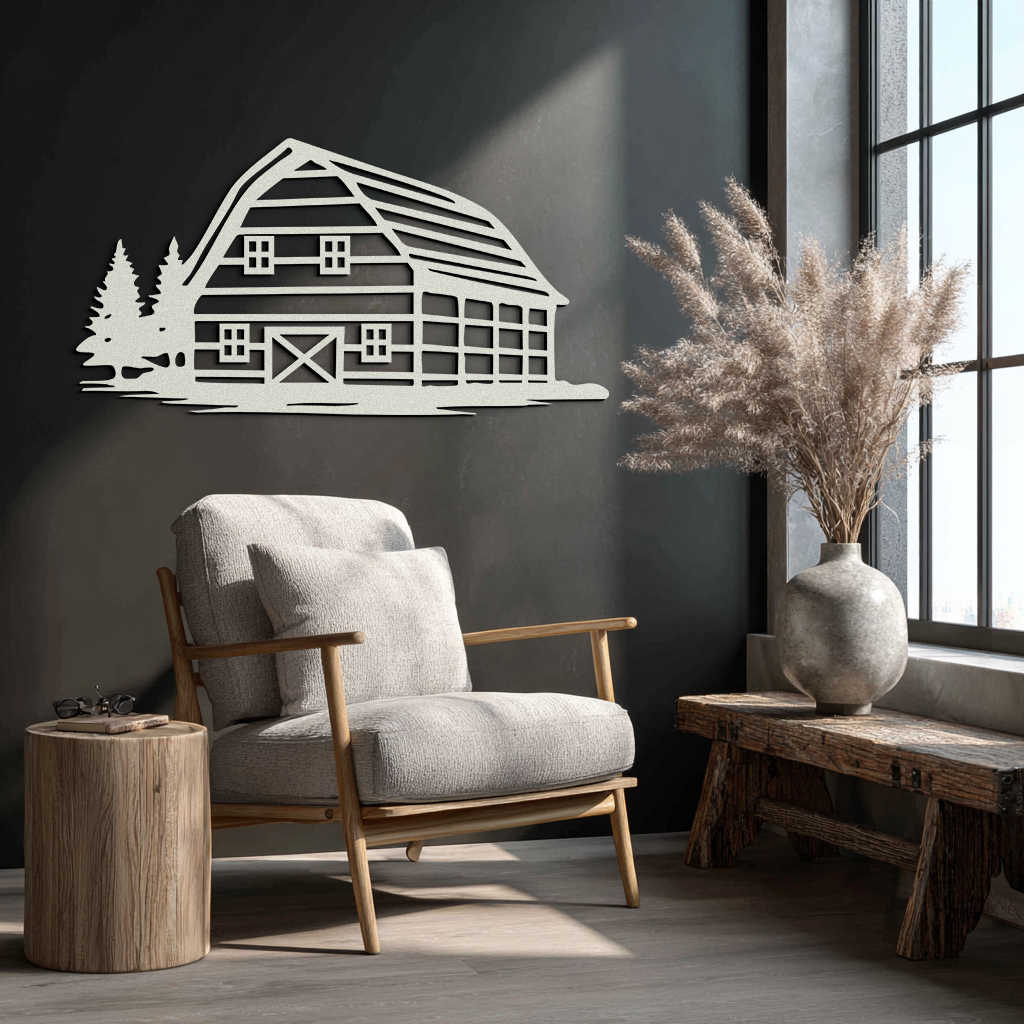 Rustic Barn and Pine Trees Metal Wall Art – Country House Landscape Silhouette Decor- KAF681