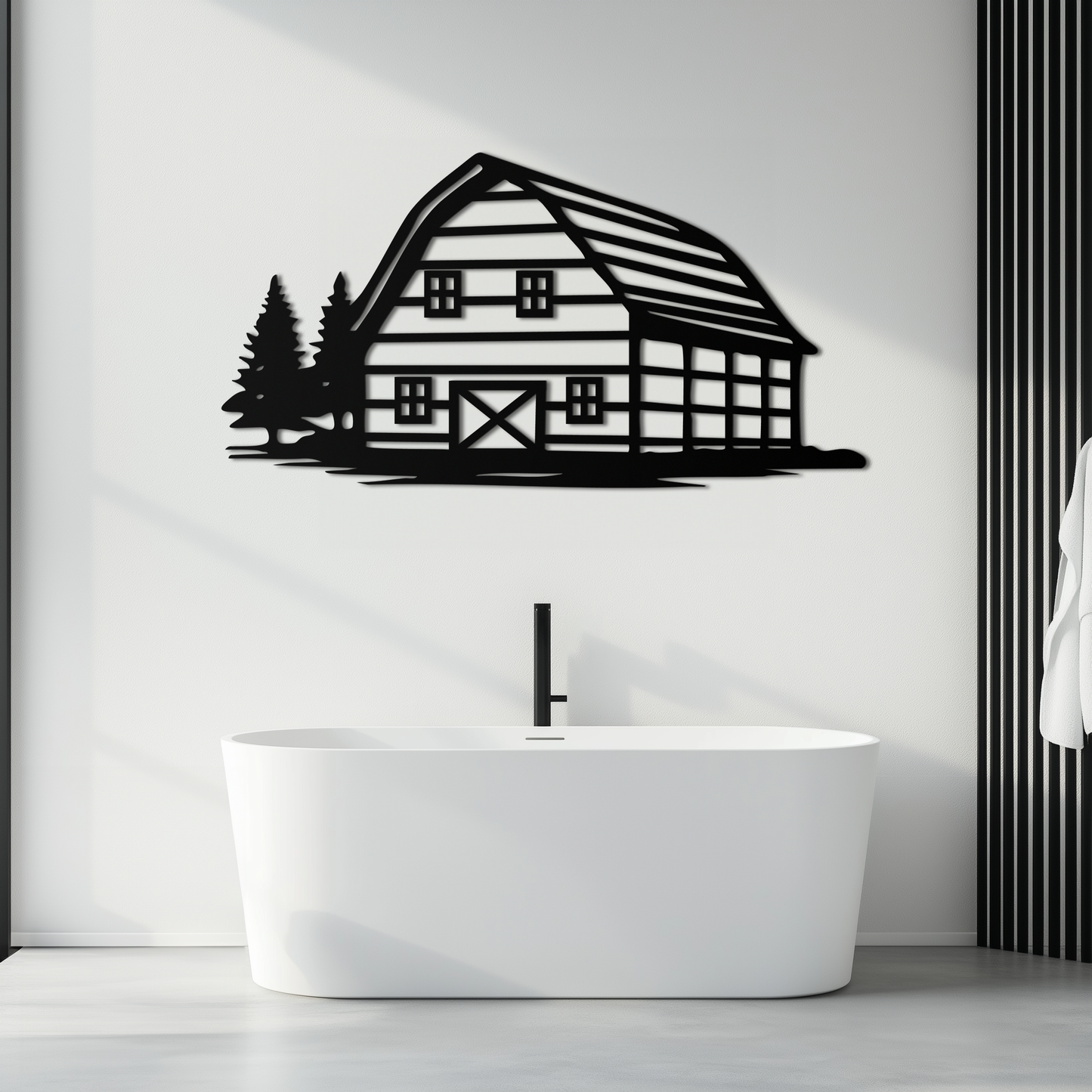 Rustic Barn and Pine Trees Metal Wall Art – Country House Landscape Silhouette Decor- KAF681