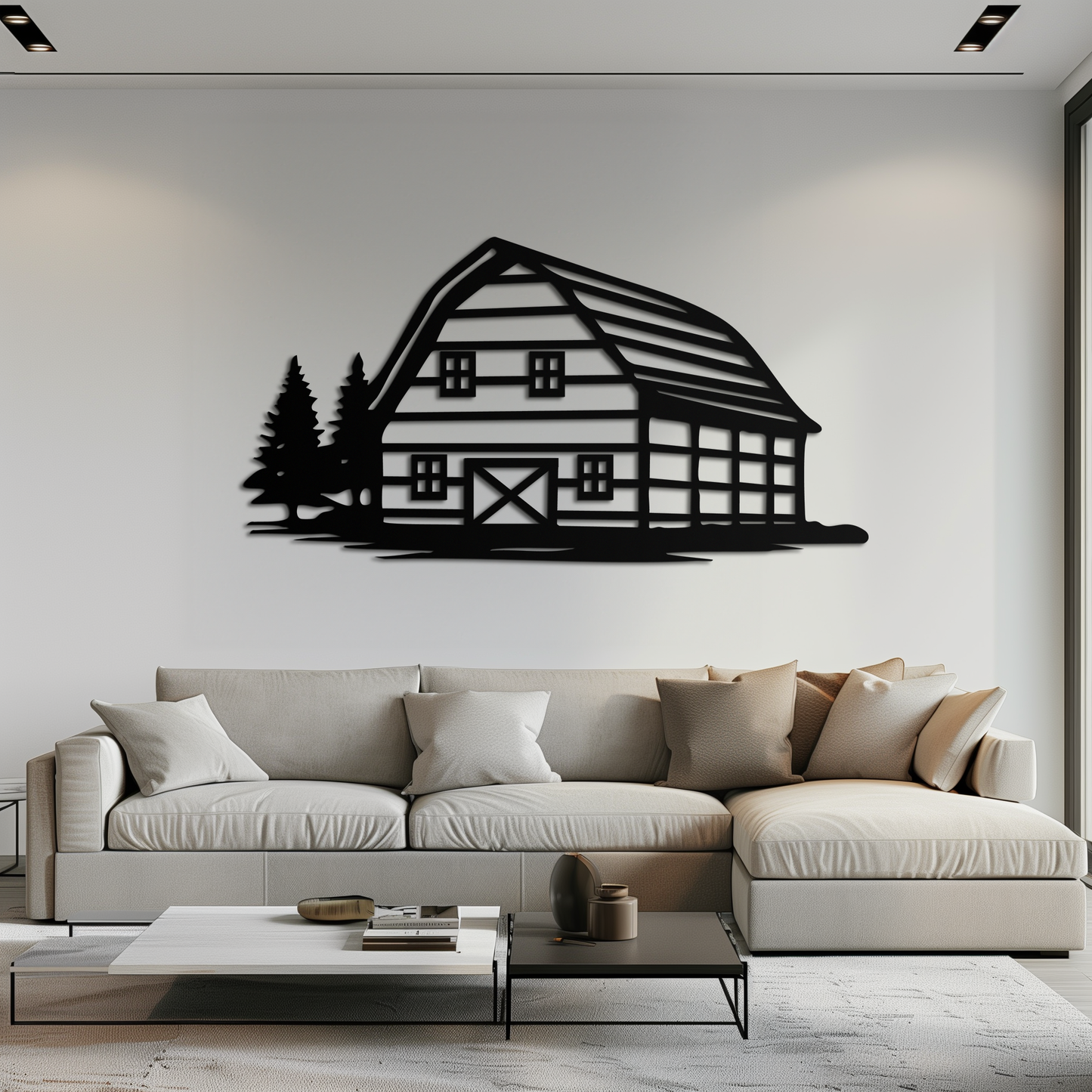 Rustic Barn and Pine Trees Metal Wall Art – Country House Landscape Silhouette Decor- KAF681