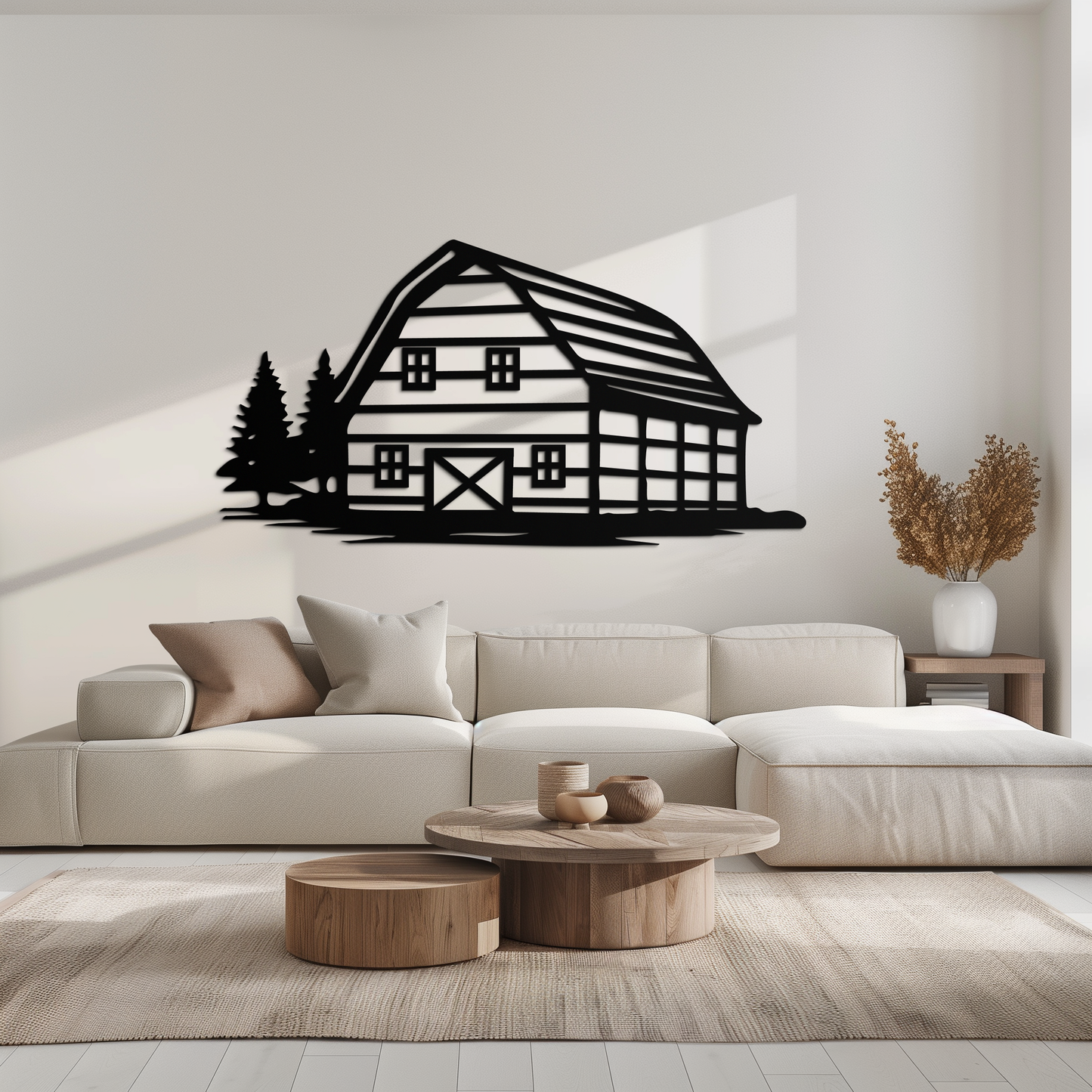 Rustic Barn and Pine Trees Metal Wall Art – Country House Landscape Silhouette Decor- KAF681